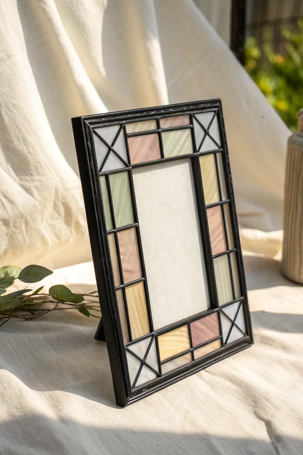 A minimalist glass frame with black outlines and translucent acrylic panels for easy stained-glass style.
