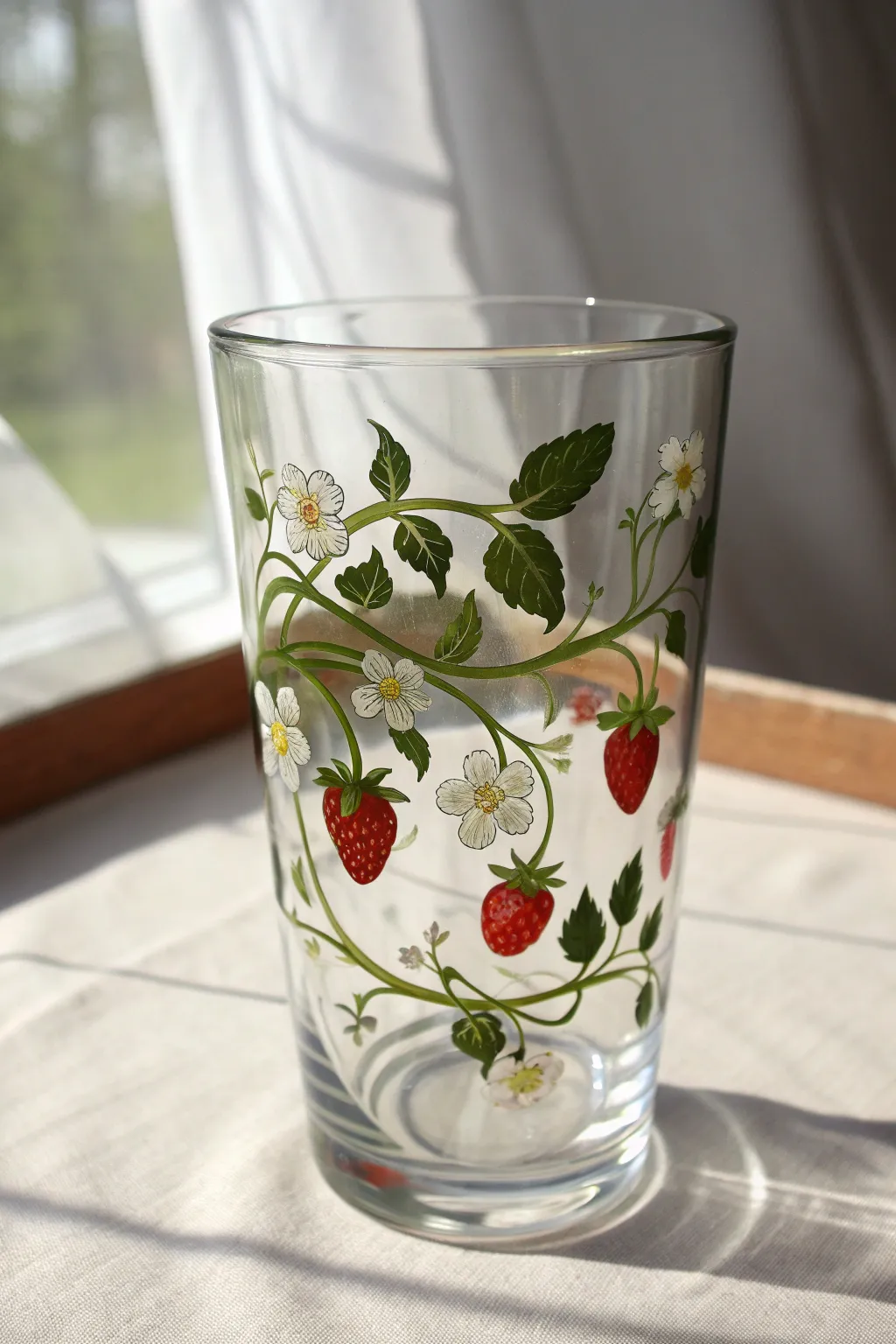 Sweet strawberry vine garland on a glass cup, minimal and cozy with a handmade boho touch