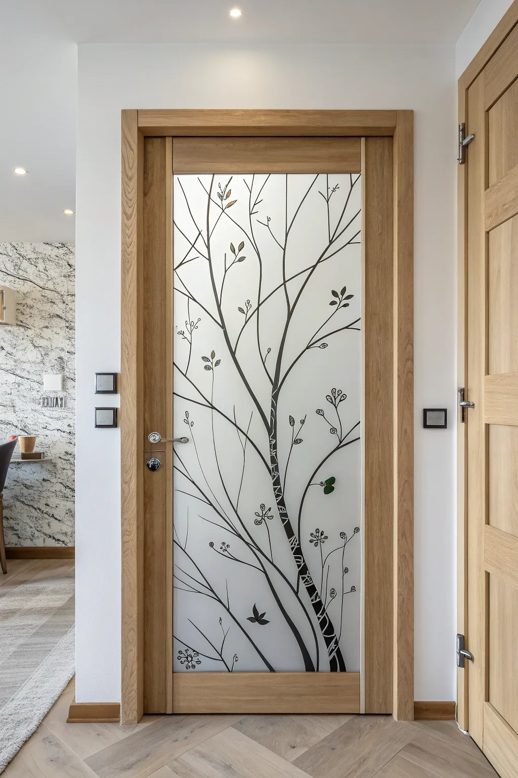 Simple branch line art adds calm, boho privacy to a modern glass door with airy negative space.