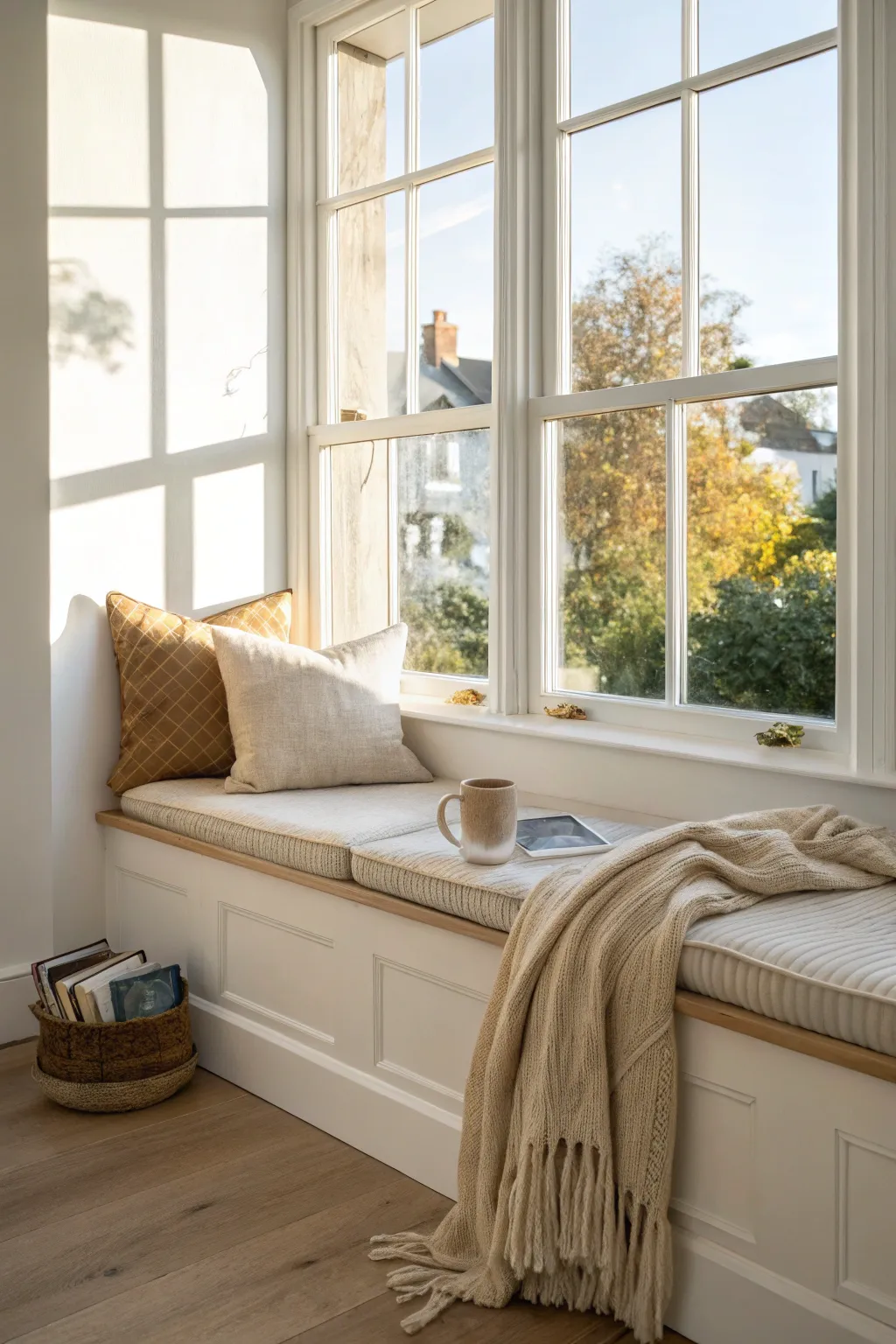 Sunlit bay window seat nook with linen cushions, a cozy throw, and a sketch-ready mug