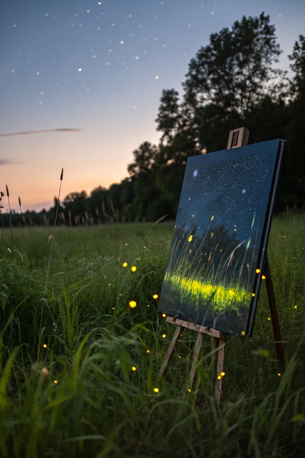 Easy firefly meadow painting with tall grass silhouettes and glowing dots drifting in the dark