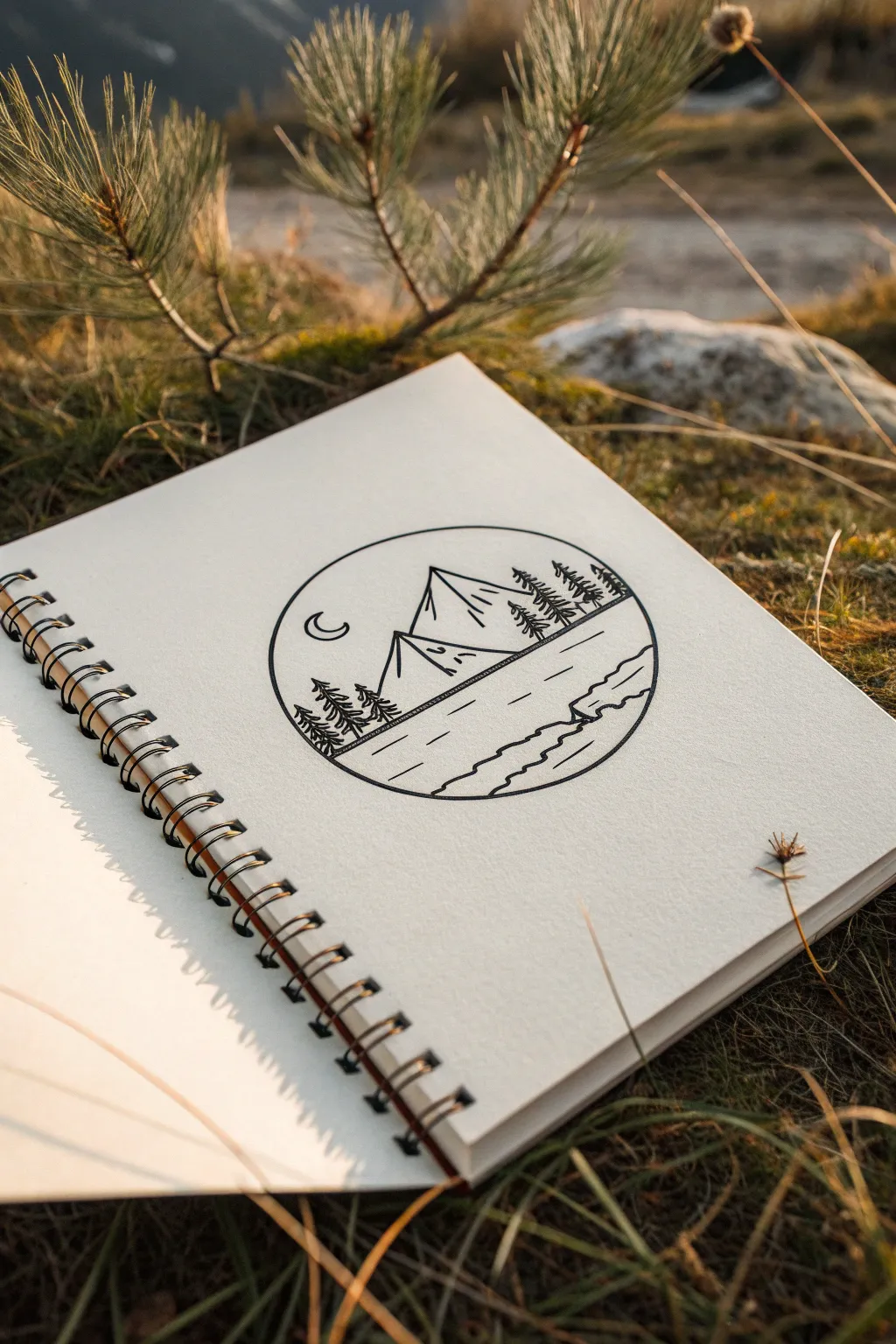 Tiny landscape in a bold circle, a calming minimalist drawing idea you can try today.