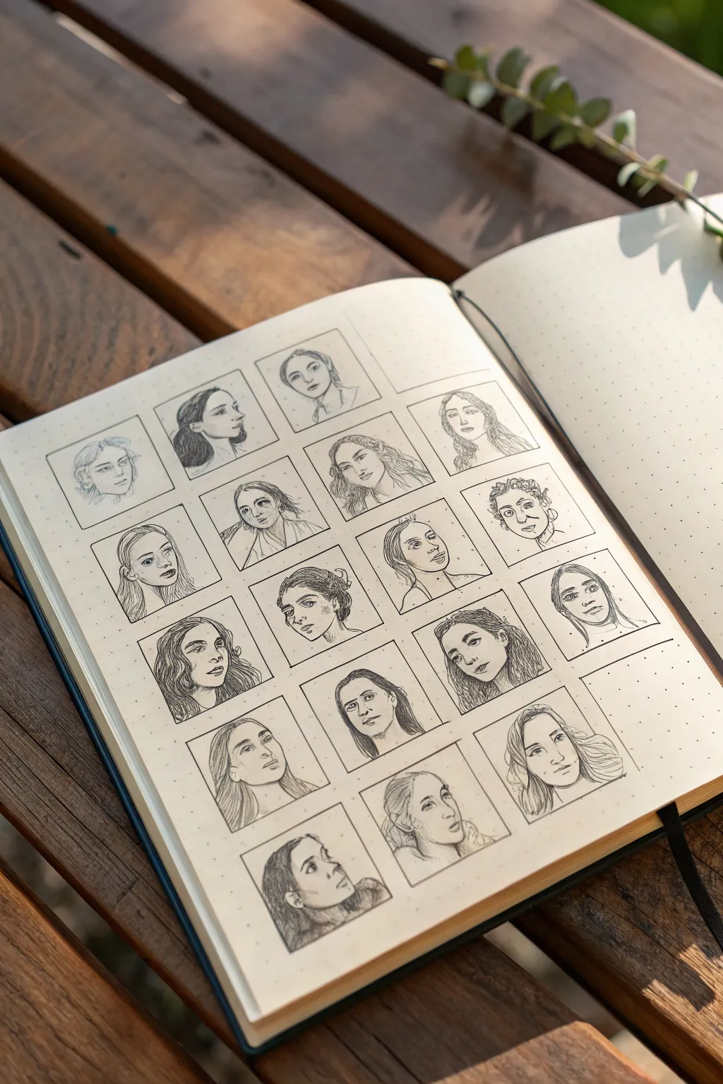 Facial expression thumbnail sheet: simple pencil faces capturing mood and emotion at a glance