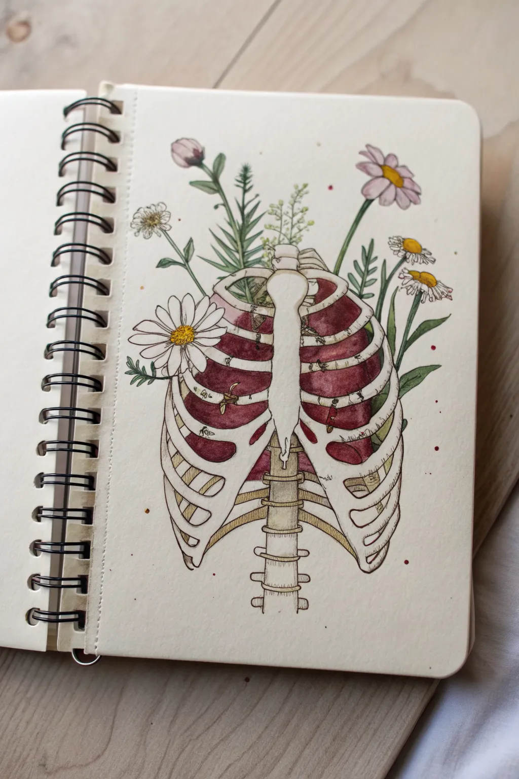 Wildflowers blooming inside an exposed ribcage, minimal boho contrast with dark stains