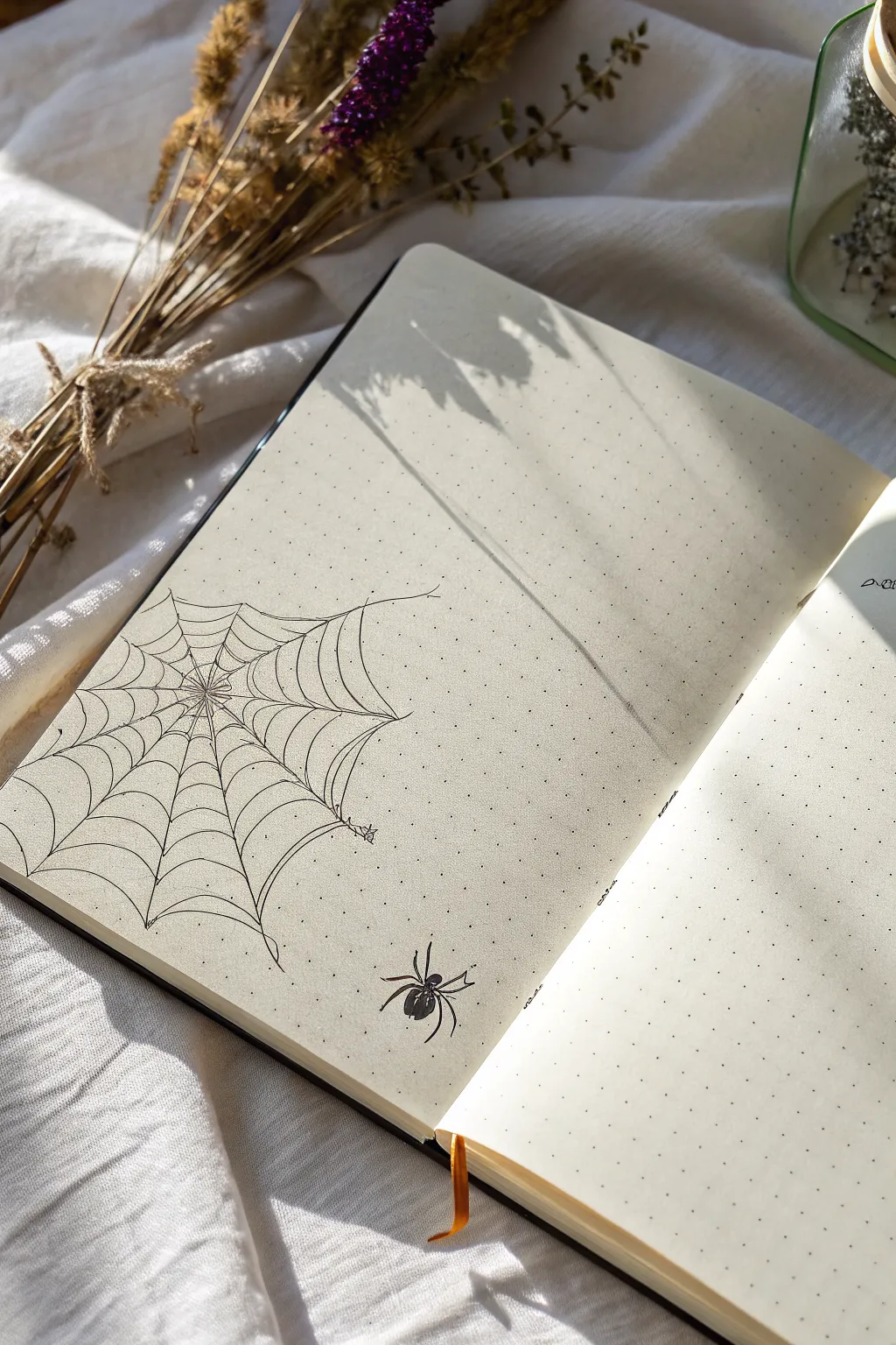 Corner spiderweb frames: minimalist gothic line art with one tiny dangling spider
