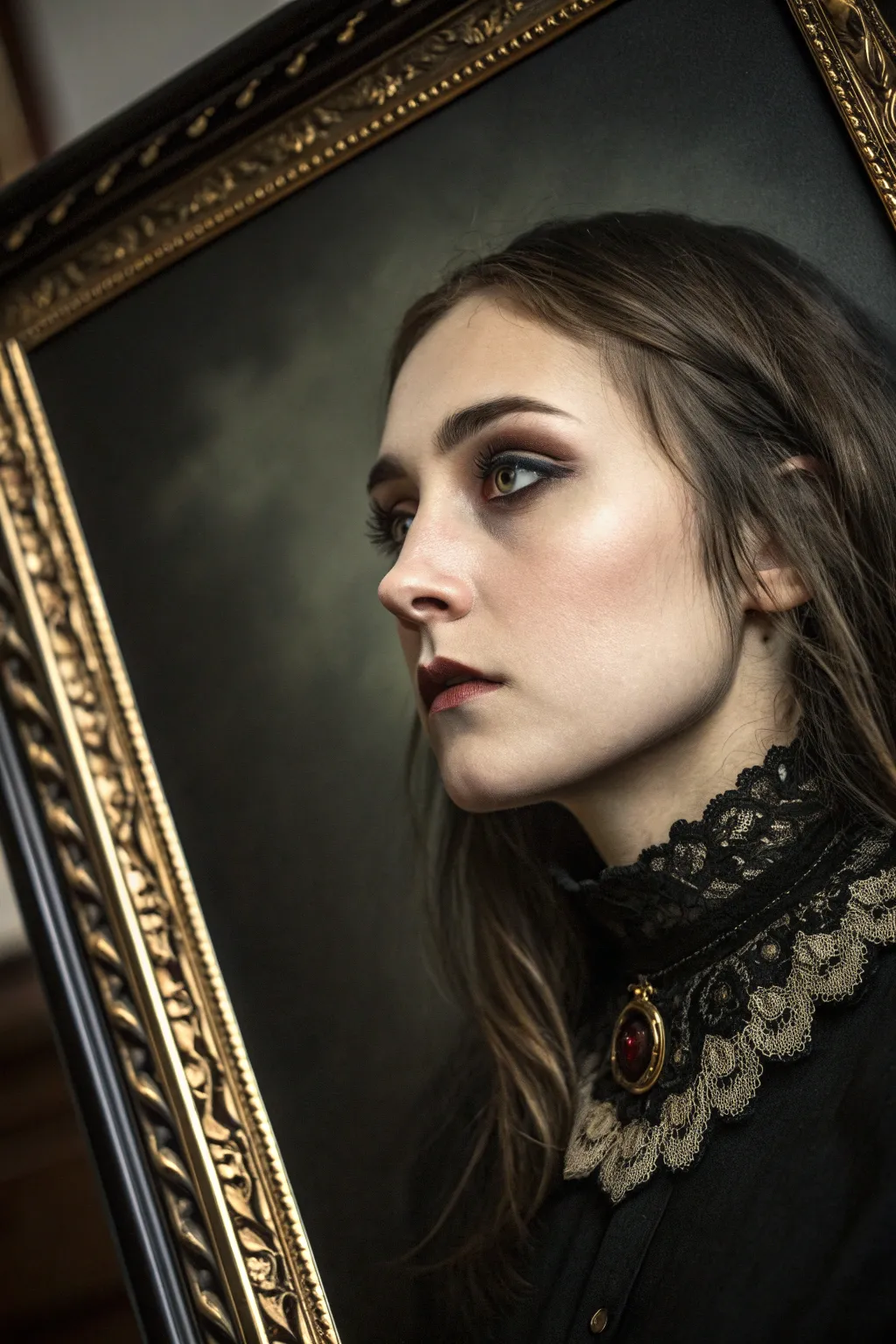 Gothic portrait with bold chiaroscuro, lace hints, and a minimalist palette for dramatic impact