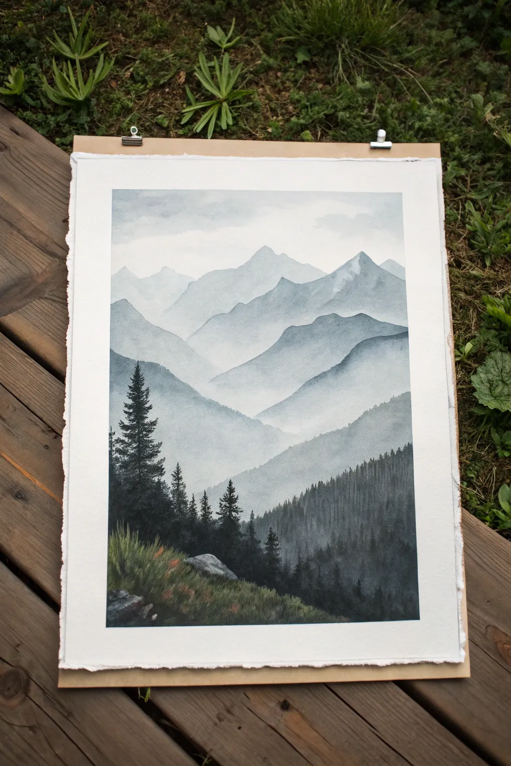 Minimalist gouache mountains: layered silhouettes from light to dark with dreamy misty ridgelines.