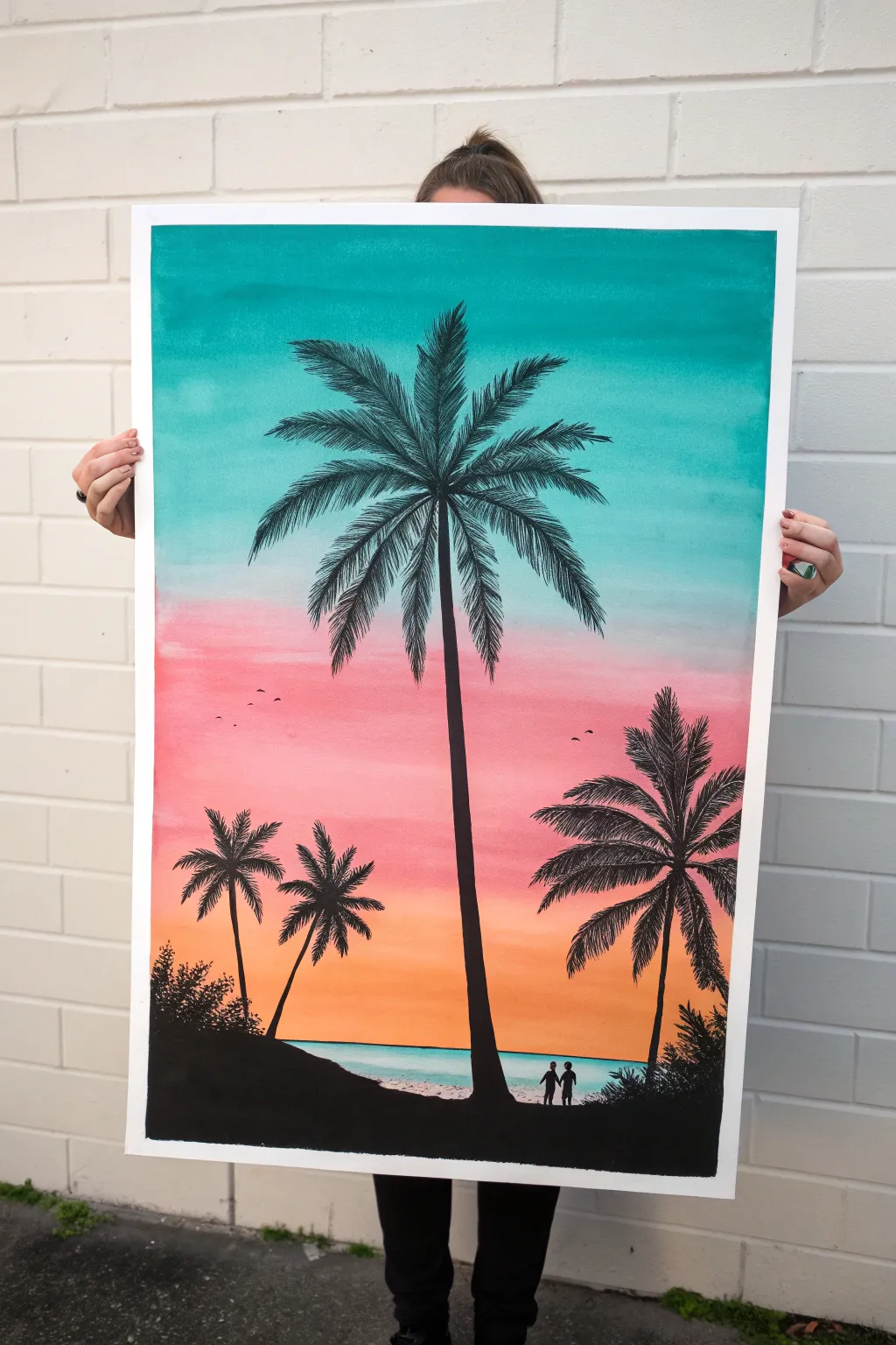 Tropical gradient with a crisp black palm silhouette, an easy minimalist sunset to paint