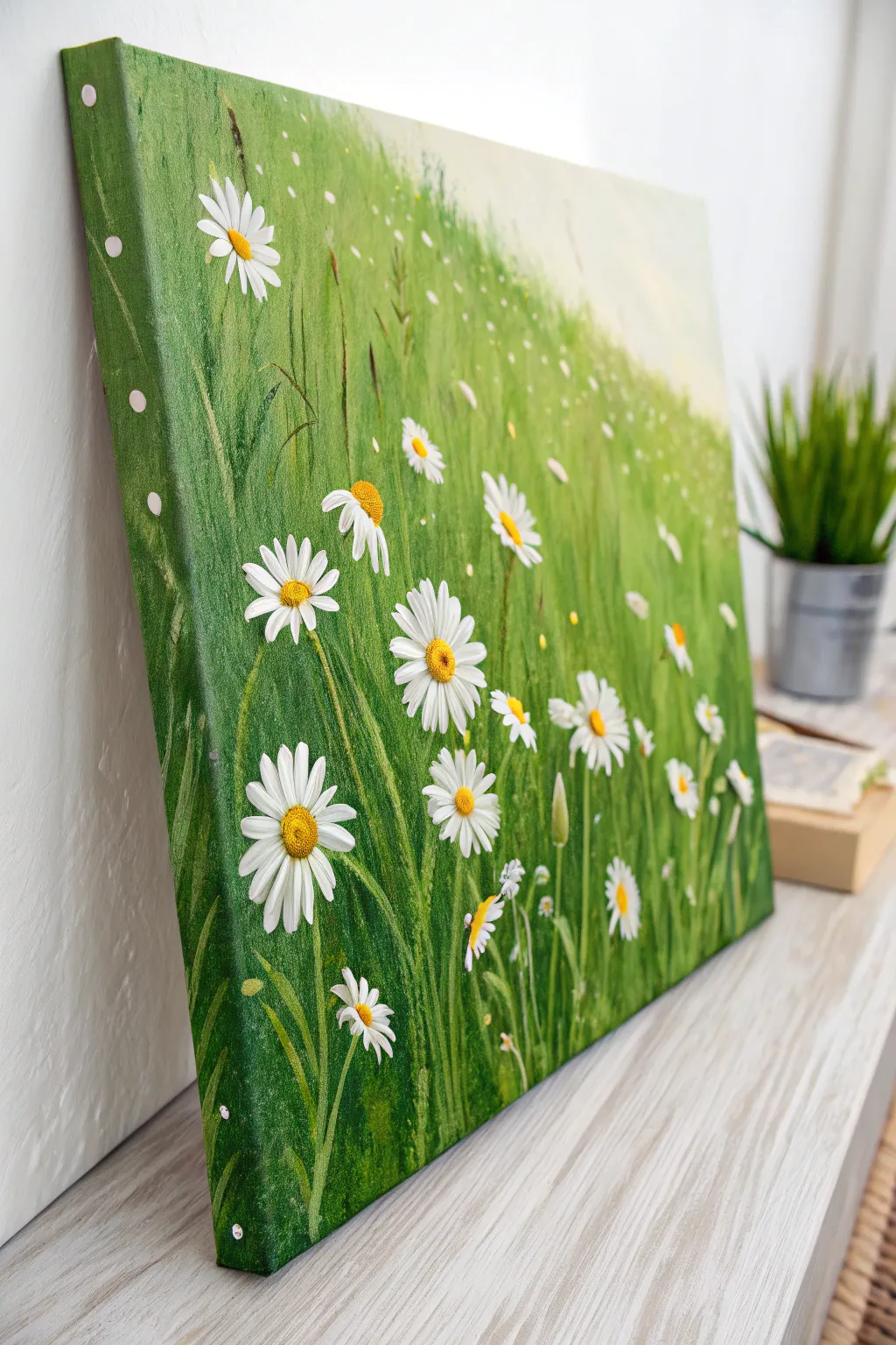 Crisp white daisies scattered on vivid spring green, a simple canvas idea with cheerful contrast