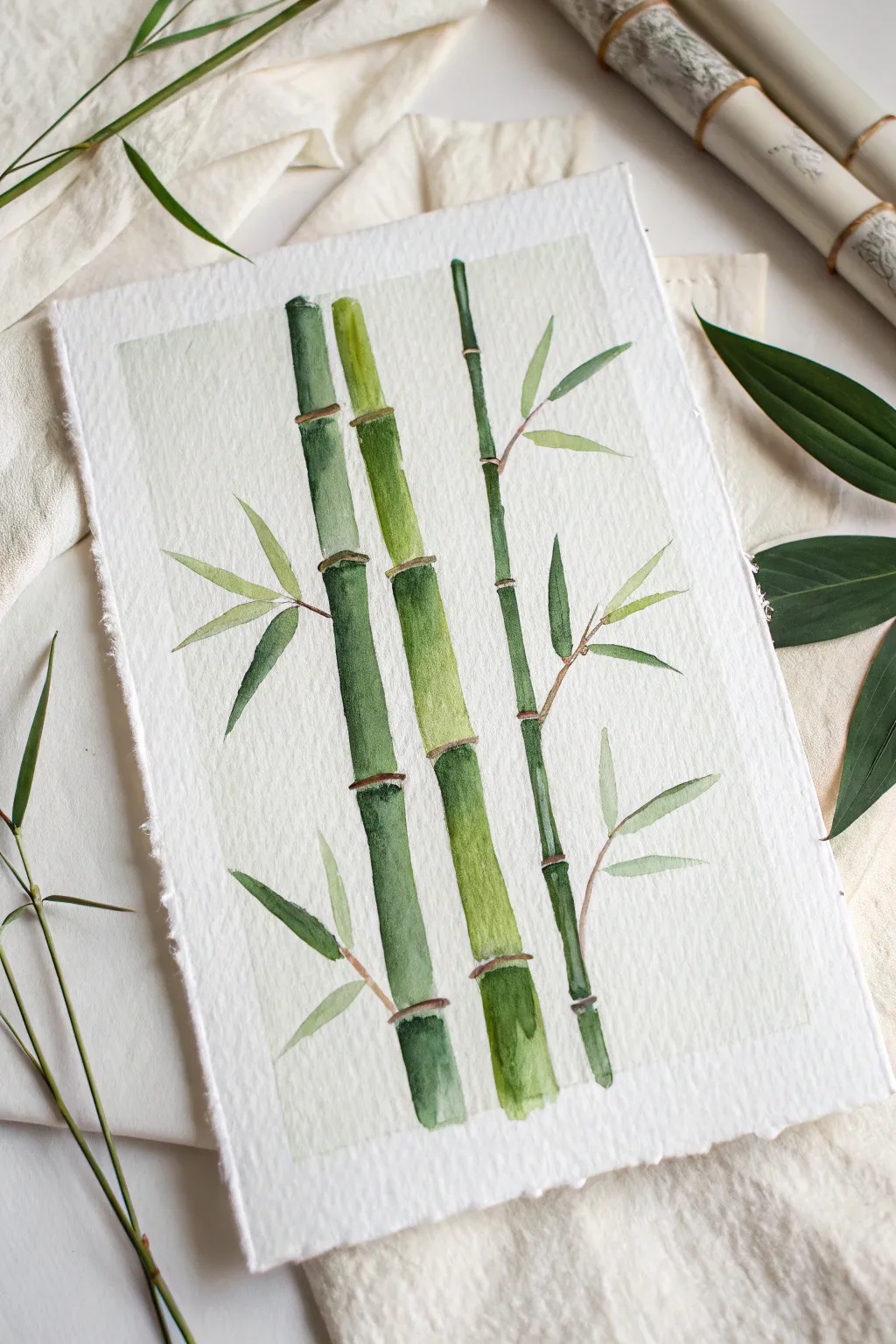 Calm bamboo stalks in layered greens with gentle highlights for a minimalist boho painting mood.