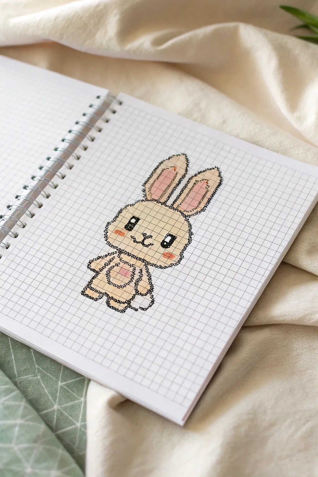 Chibi bunny pixel art on clean grid paper with simple shading blocks in soft neutral tones.