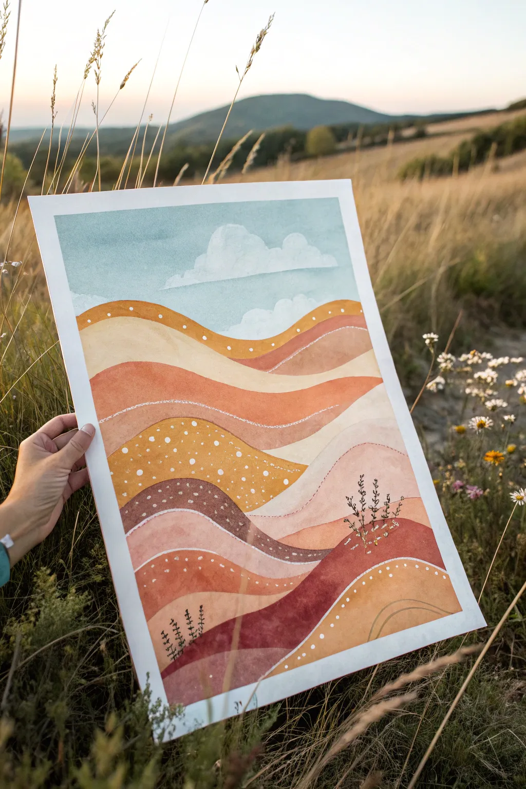 Groovy wavy hills at sunset in warm layers with a teal sky, minimalist boho vibes.