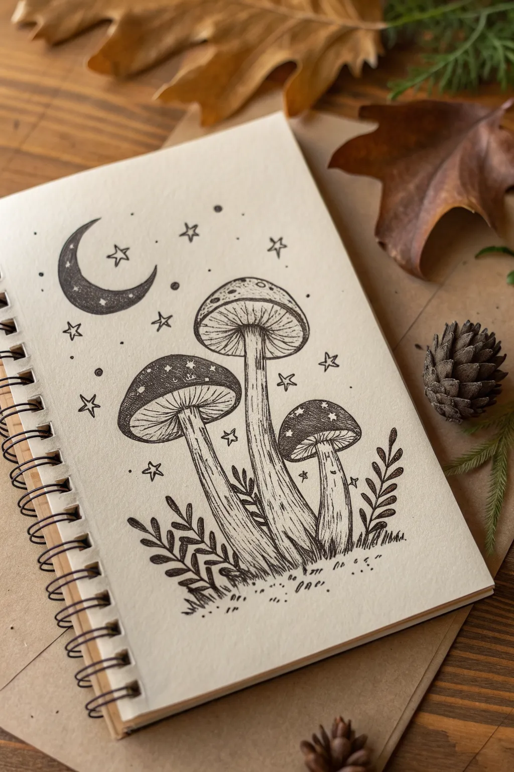 Grunge mushroom cluster with starry doodles, smudgy lines, and clean minimal contrast