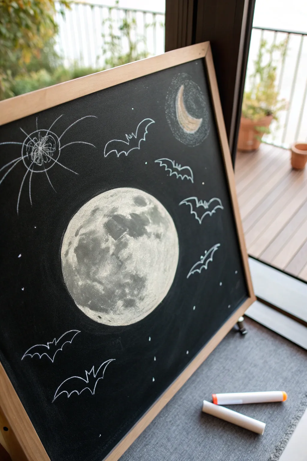 Minimalist Halloween chalk art: a glowing moon with a swirling bat swarm in soft white contrast