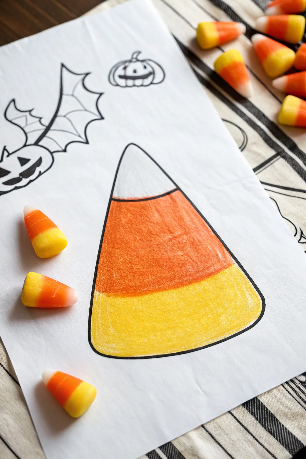 Easy candy corn doodle with three bands, perfect minimalist Halloween sketch for beginners