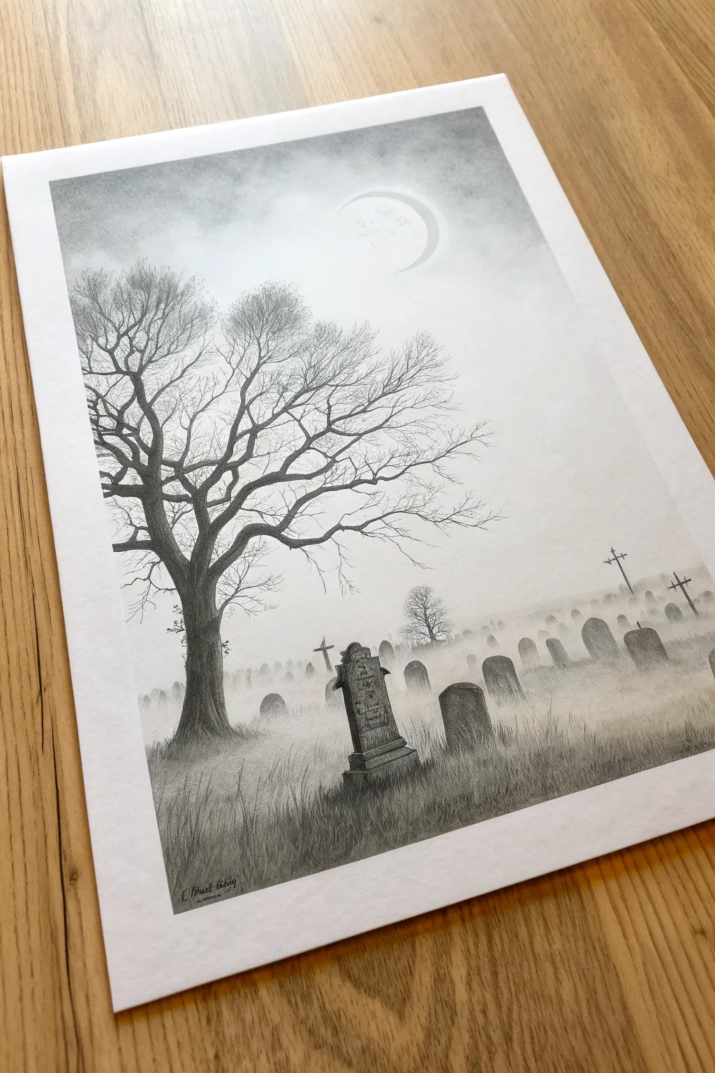 Eerie yet minimal: sketch a foggy graveyard with layered stones, bare tree and crescent moon.