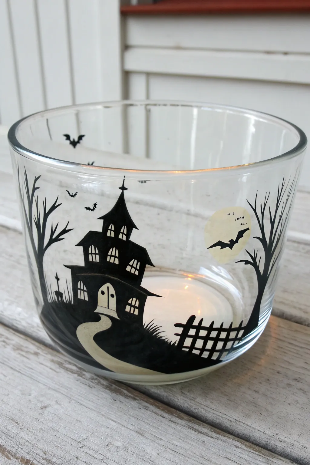 Haunted house on a hill glass painting idea: bold black silhouette, pale moon, minimalist charm.