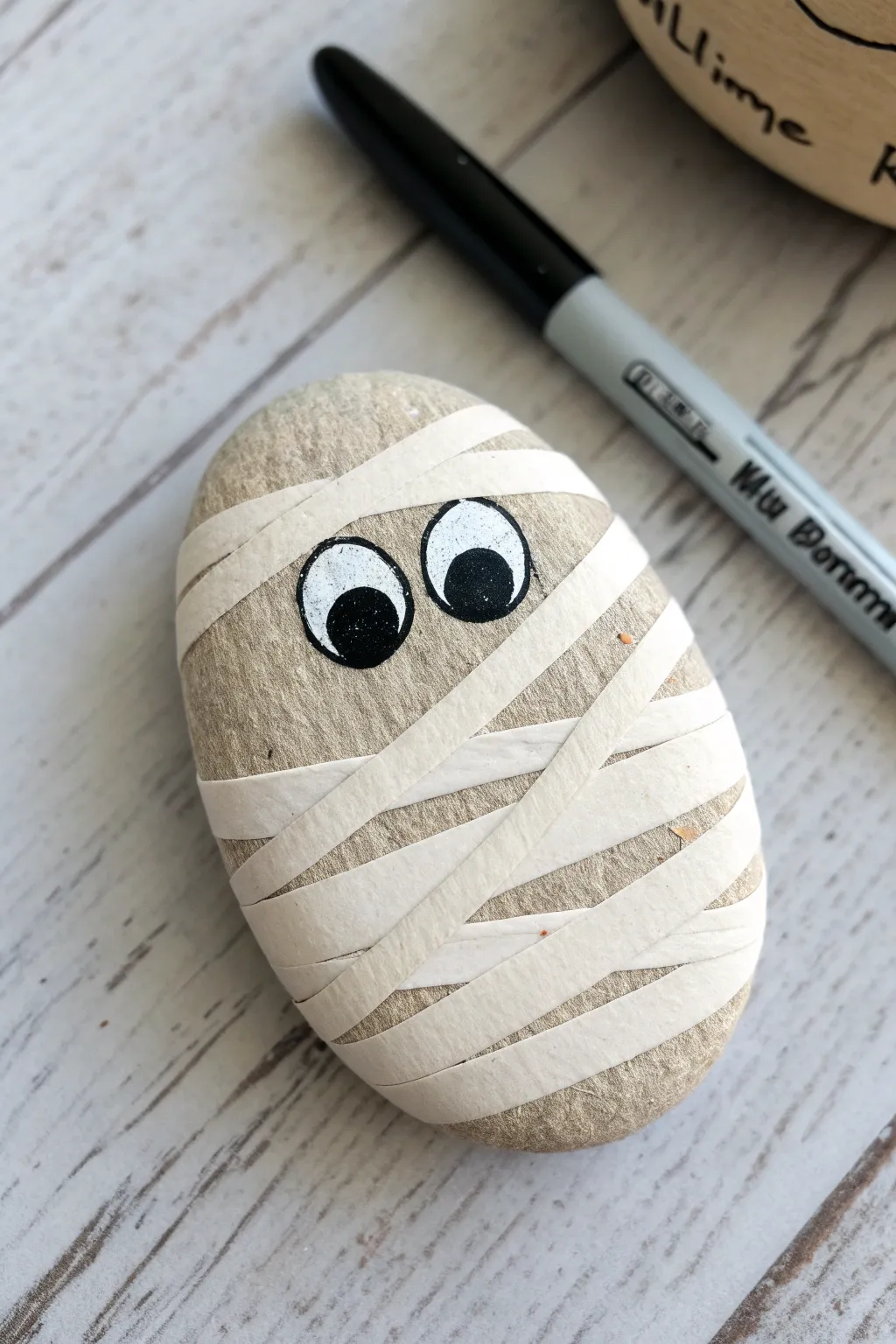 Minimal mummy rock with layered bandage texture and bright eyes, clean neutral styling