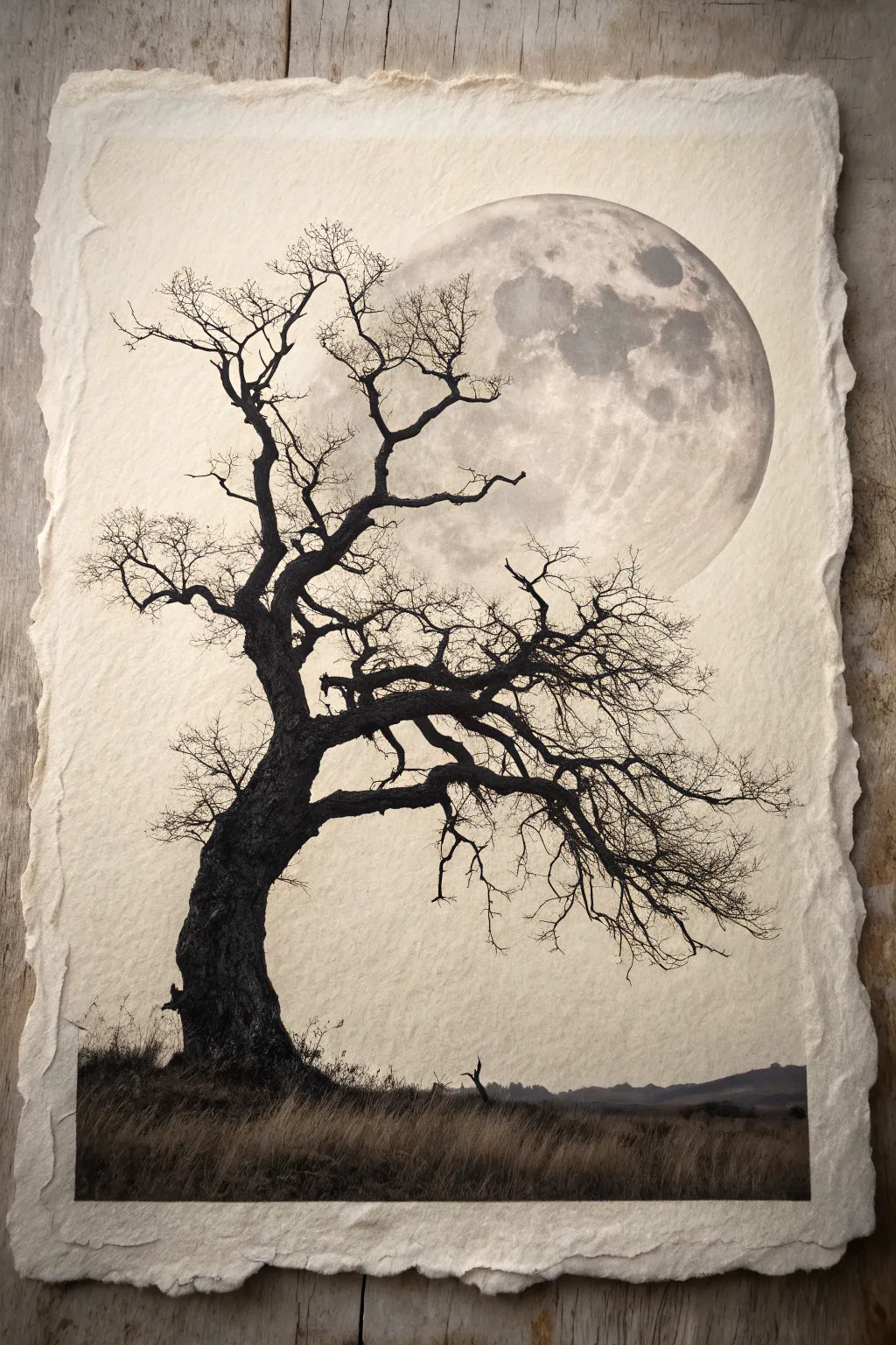 Paint a twisted bare tree silhouette wrapping a giant moon for minimalist Halloween drama.
