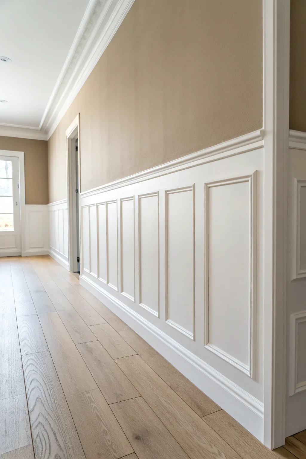 Two-tone hallway walls with simple wainscoting add structure and soften narrow spaces.