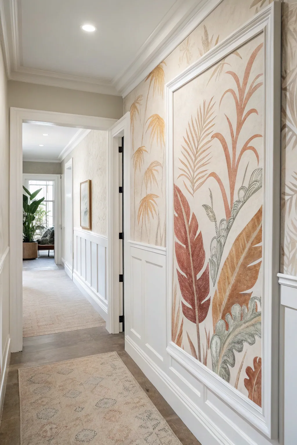 A hand-painted mural panel framed with slim trim molding for a gallery-like hallway moment.