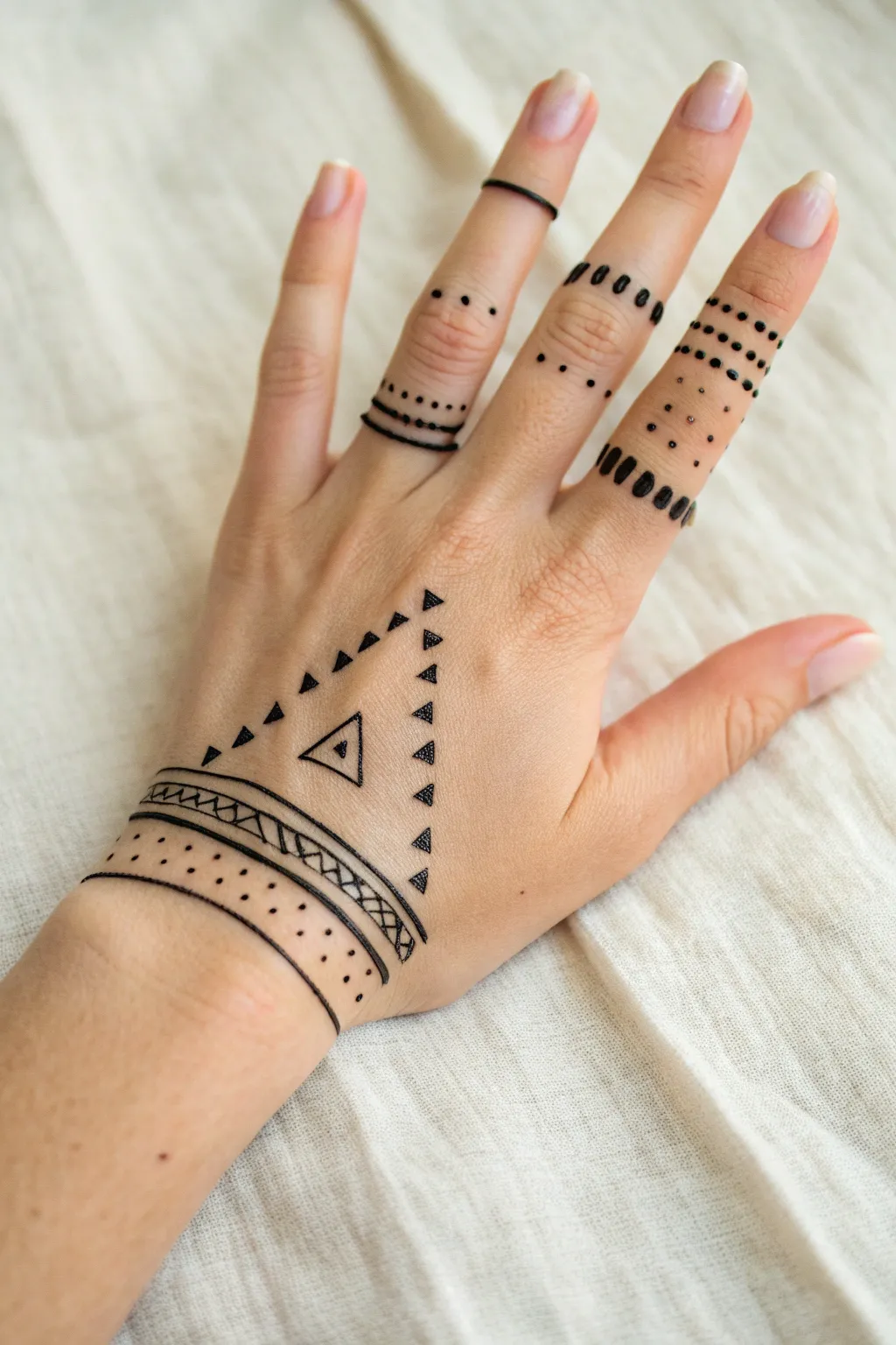 Minimal ink doodle bands on fingers, clean geometric rings that hug every knuckle bend