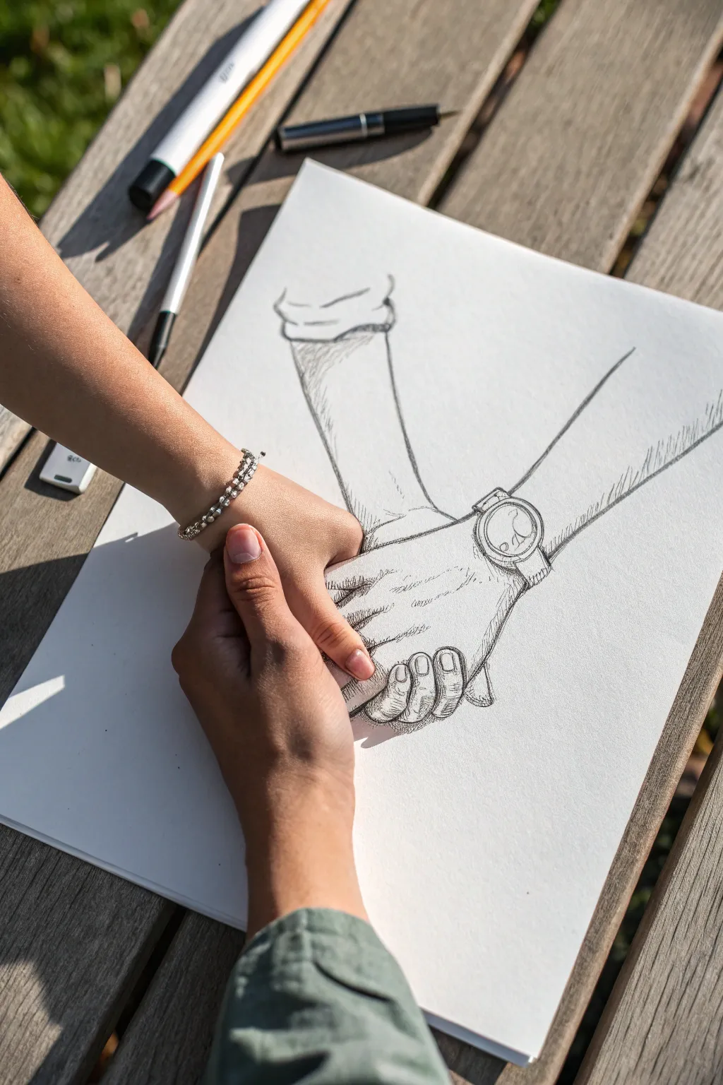 Side-view hand-holding sketch with crisp lines and soft shading for a calm minimalist look