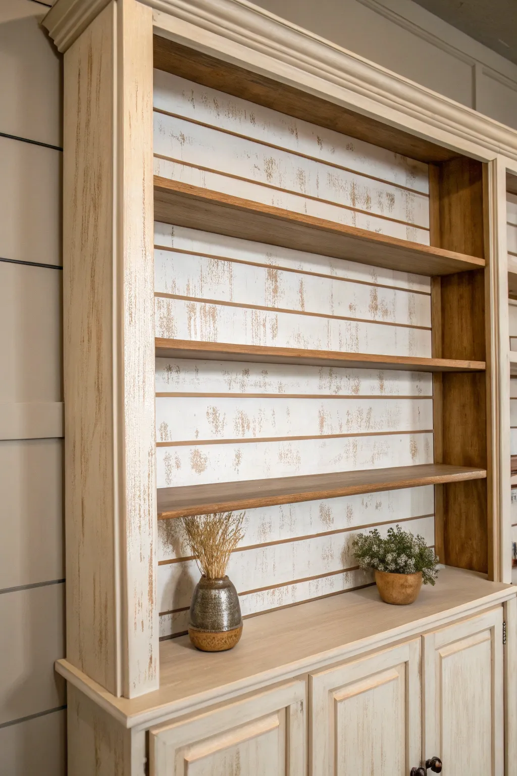 Faux shiplap backing detail with soft weathered paint and minimalist boho styling