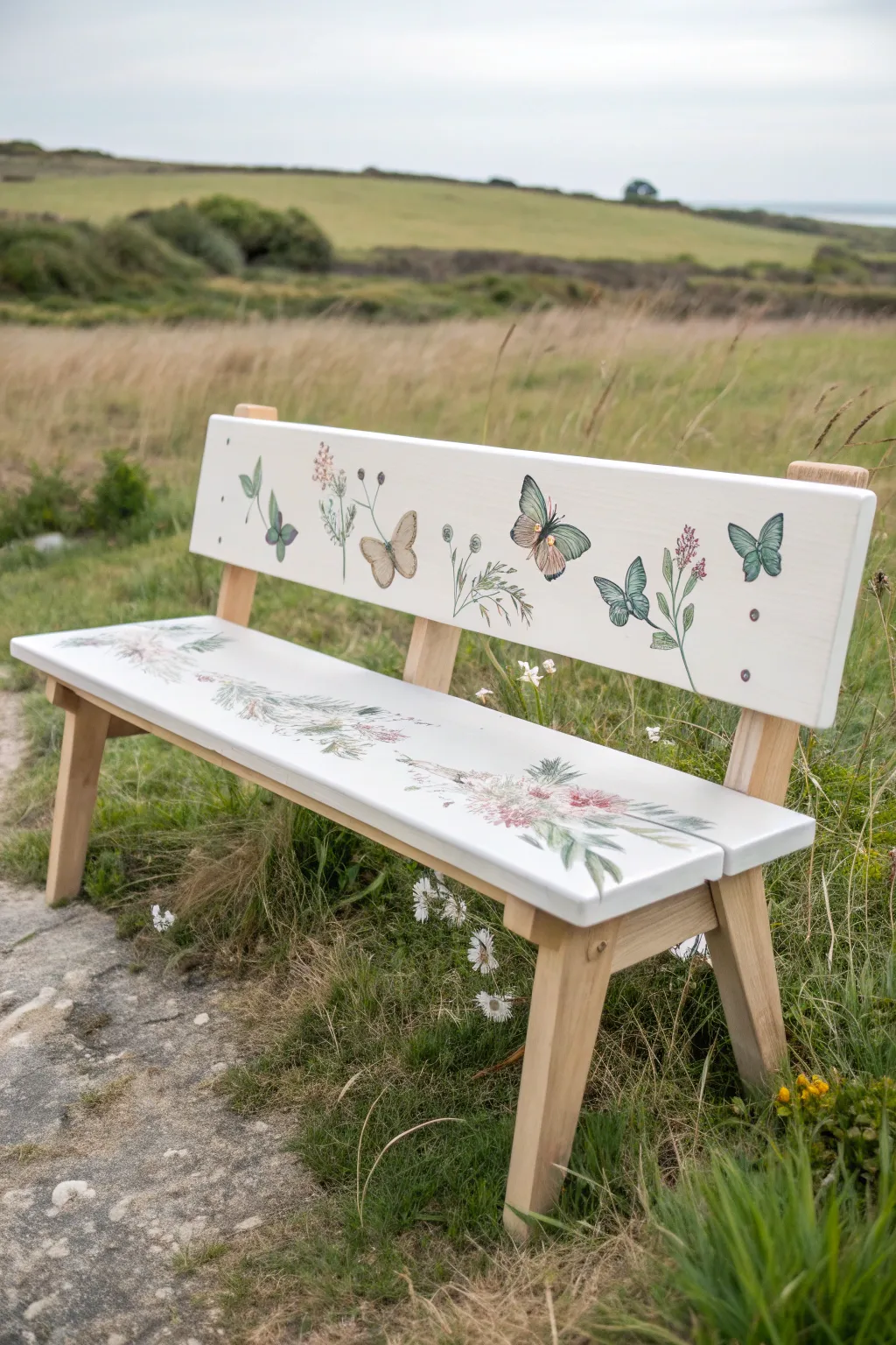 Butterfly meadow bench with hand painted wings and wildflowers, simple boho charm outdoors.