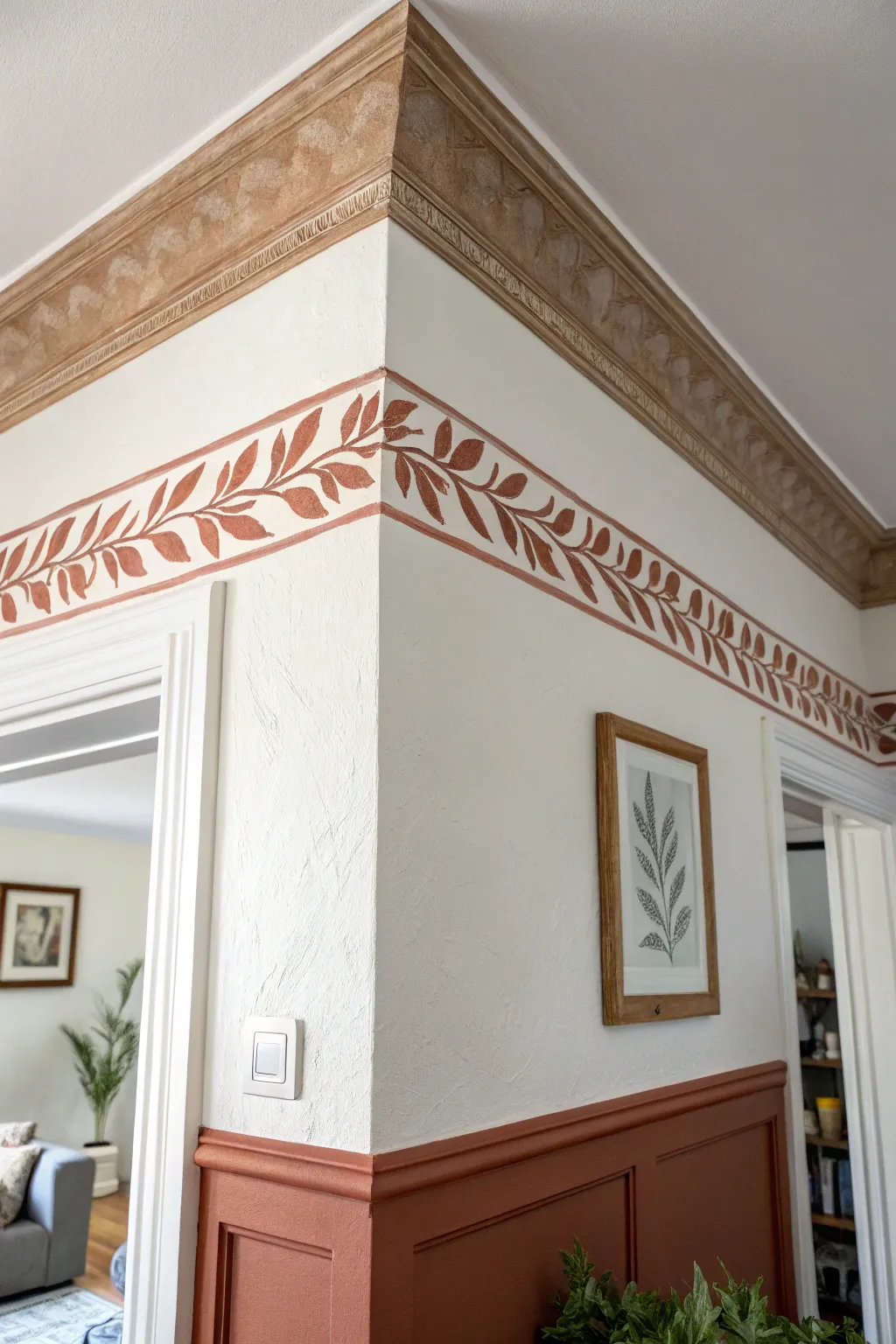 A thin hand-painted ceiling border adds handmade charm while keeping a clean minimalist look.