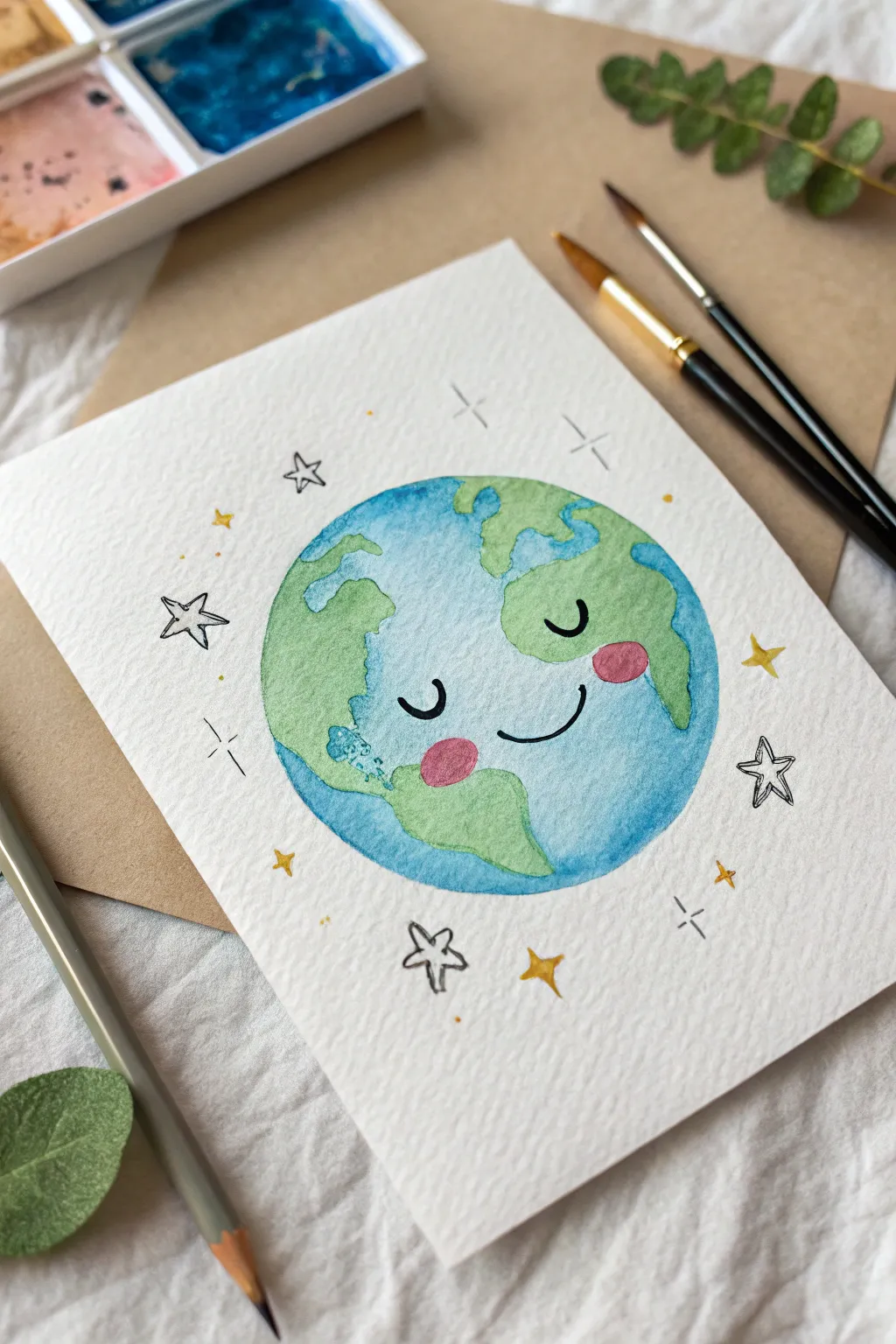 A sweet smiling Earth illustration with rosy cheeks and tiny stars for global joy
