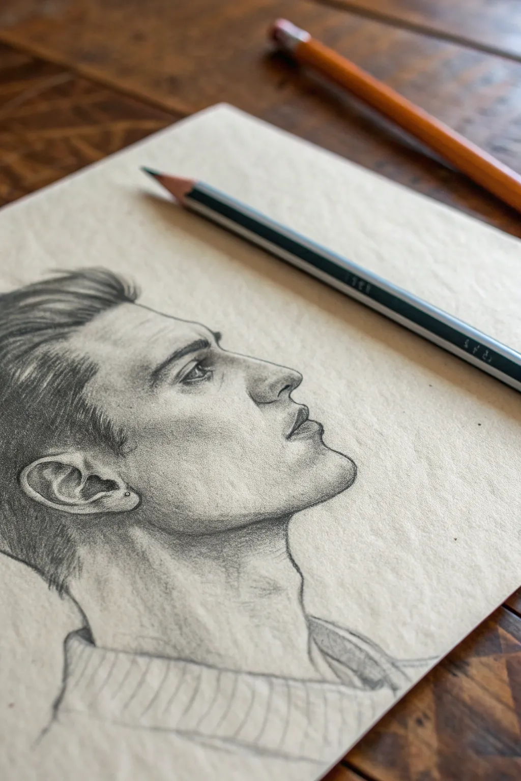 Worms-eye head sketch with tipped-back jaw, foreshortened chin, and arcing eyeline guides.