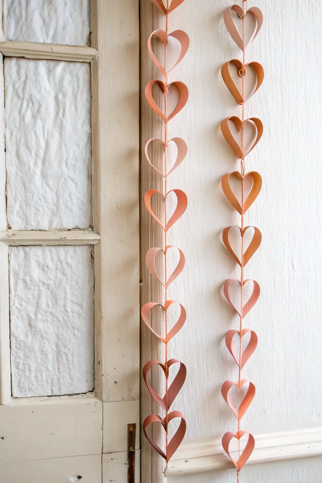 Craft a 3D paper-strip heart garland with soft shadows for minimalist Scandinavian boho charm.