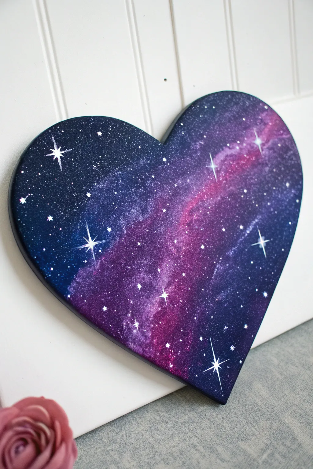 Glitterless galaxy heart canvas with dreamy nebula glow and crisp star splatter contrast