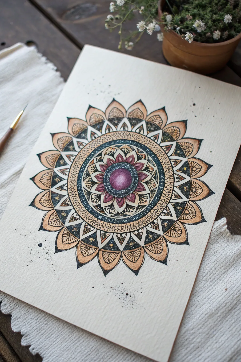 Mandala blooms in calm boho detail, with a tiny galaxy core sparkling at the center.