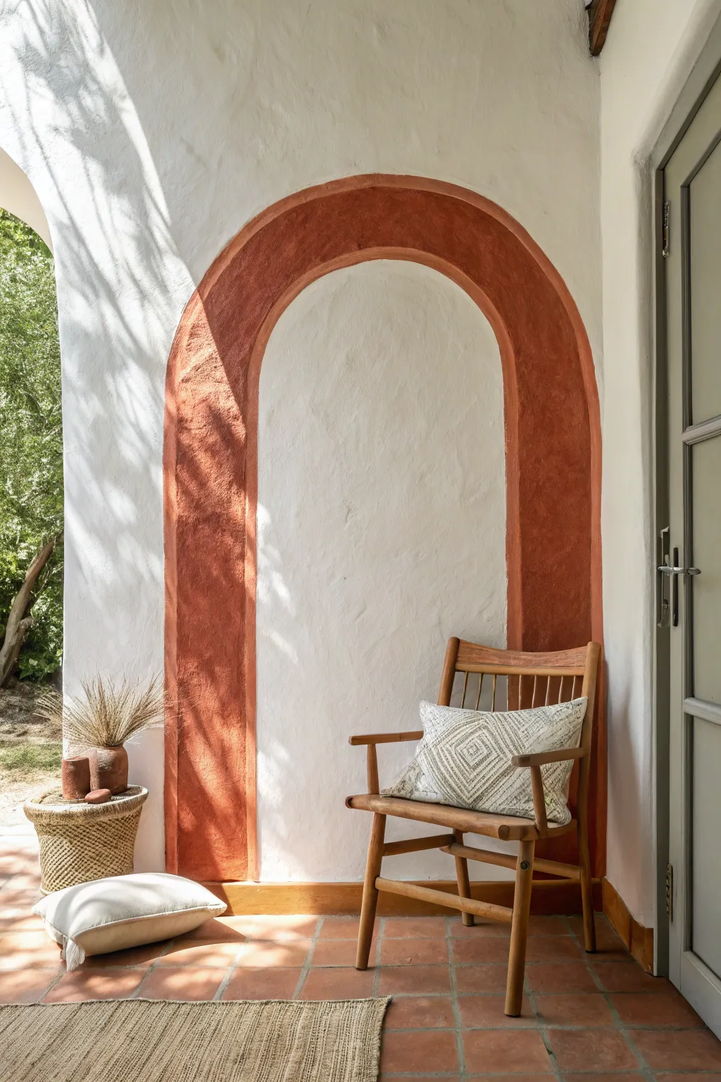 Warm terracotta arch behind a chair turns a blank wall into a cozy, intentional nook.