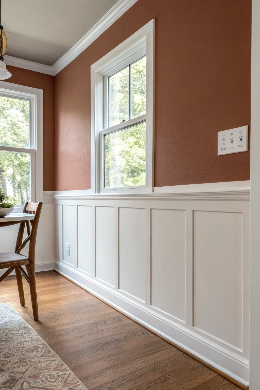 Crisp two-tone wall with a simple chair-rail break, perfect for calm Scandinavian dining spaces.