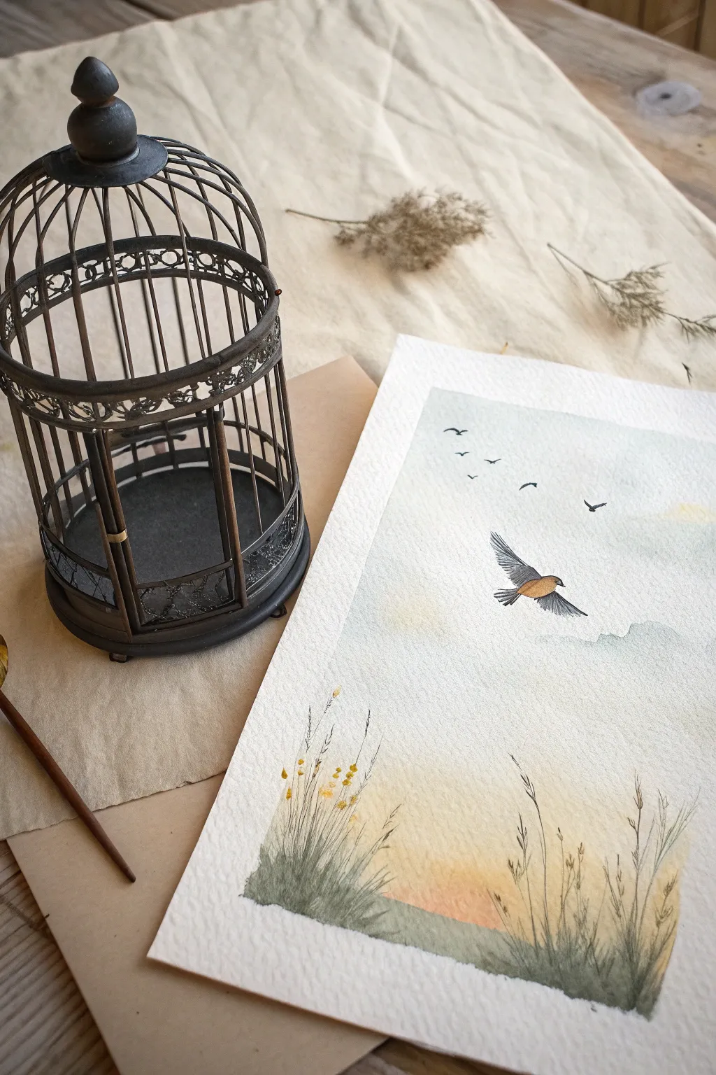 Simple open cage with a bird rising into soft sky, a calm symbol of hope and freedom.