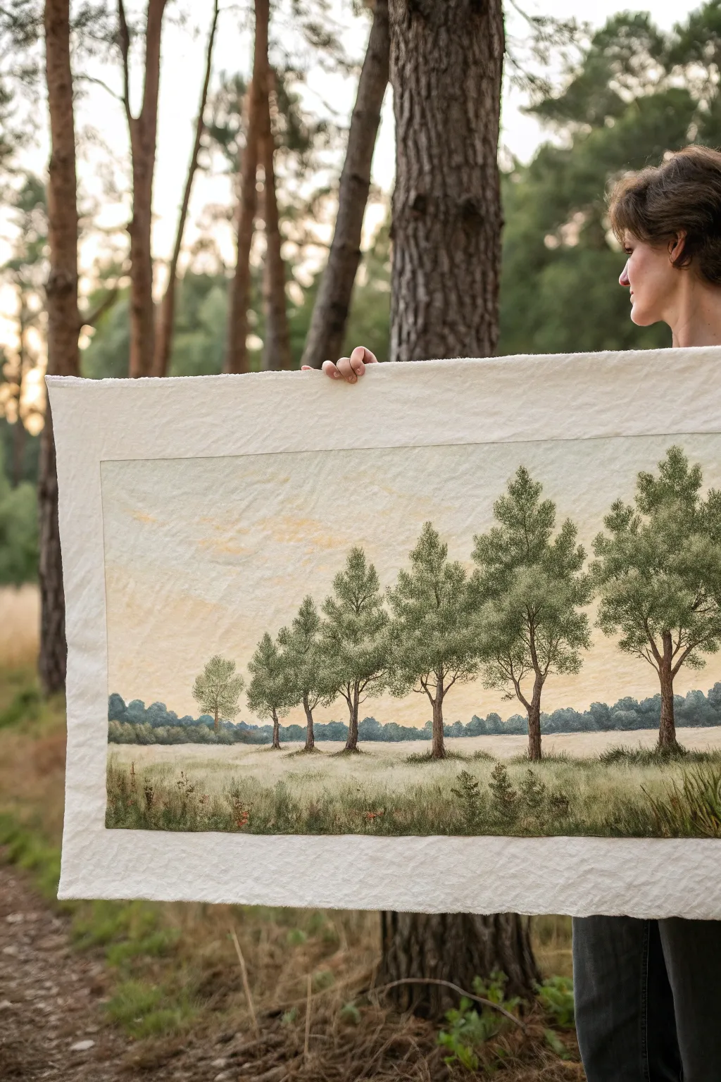 Row of trees in rhythmic spacing across a wide canvas, minimalist and calming with boho warmth