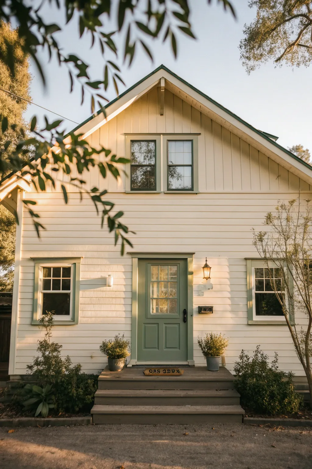 Cream siding with sage trim, sunlit and serene, a nature-inspired exterior palette to copy.