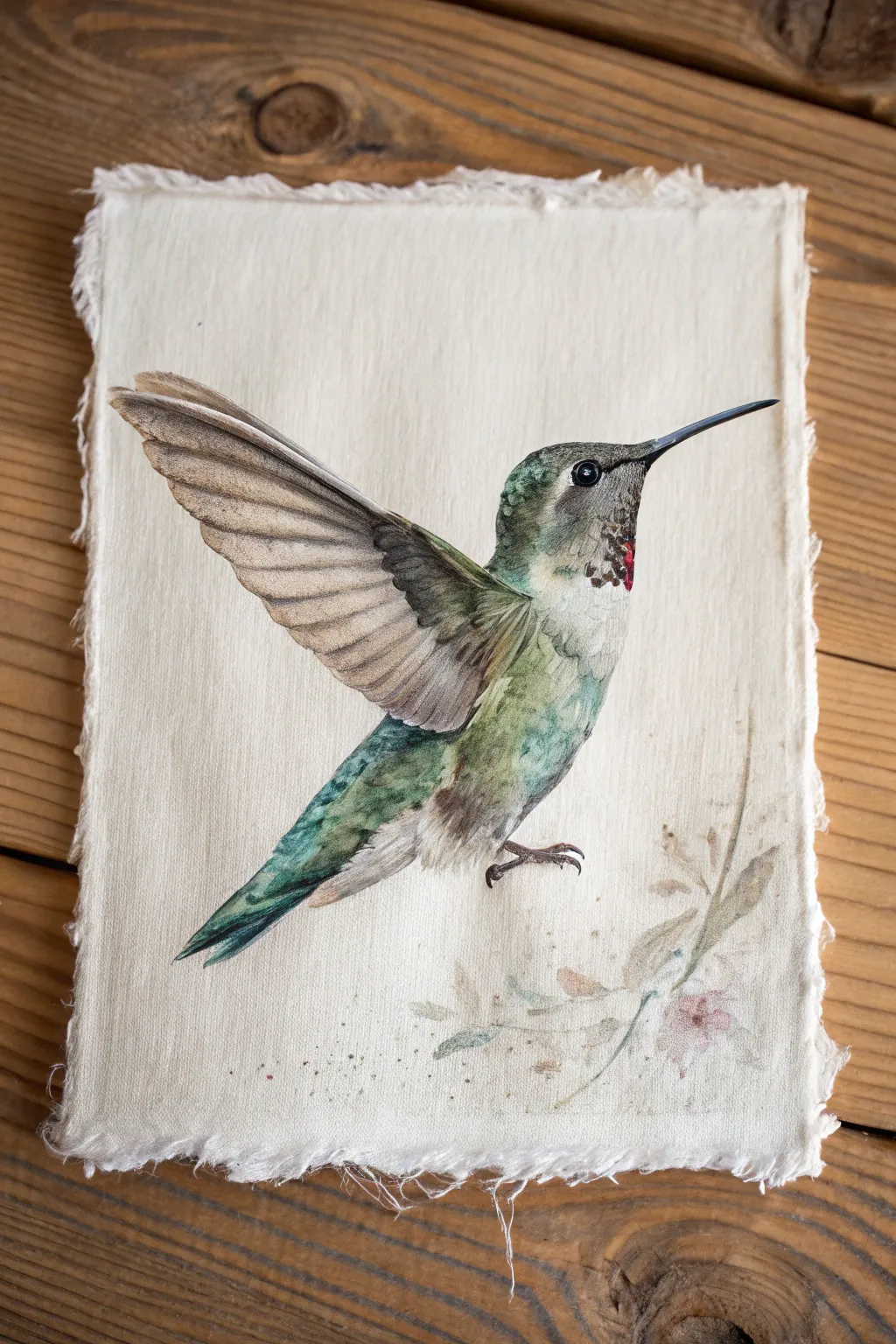 Paint a hovering hummingbird with crisp body and airy motion-blur wings for gentle movement