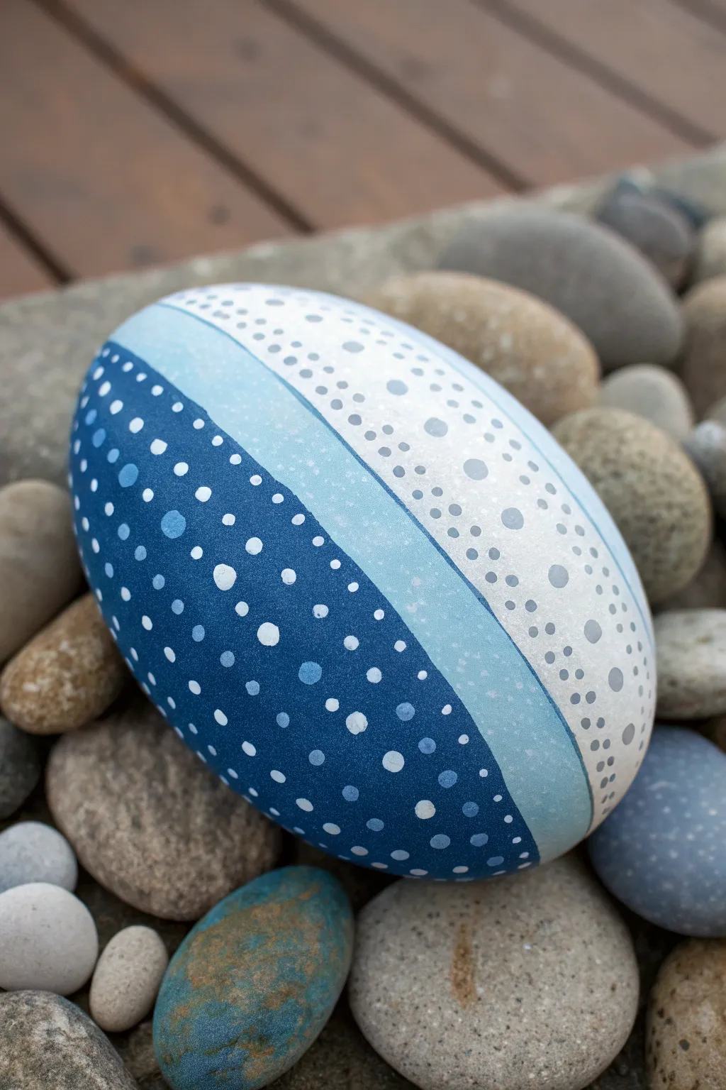 Ombre dot stripes on a smooth rock, shifting from deep navy to airy sky blue.