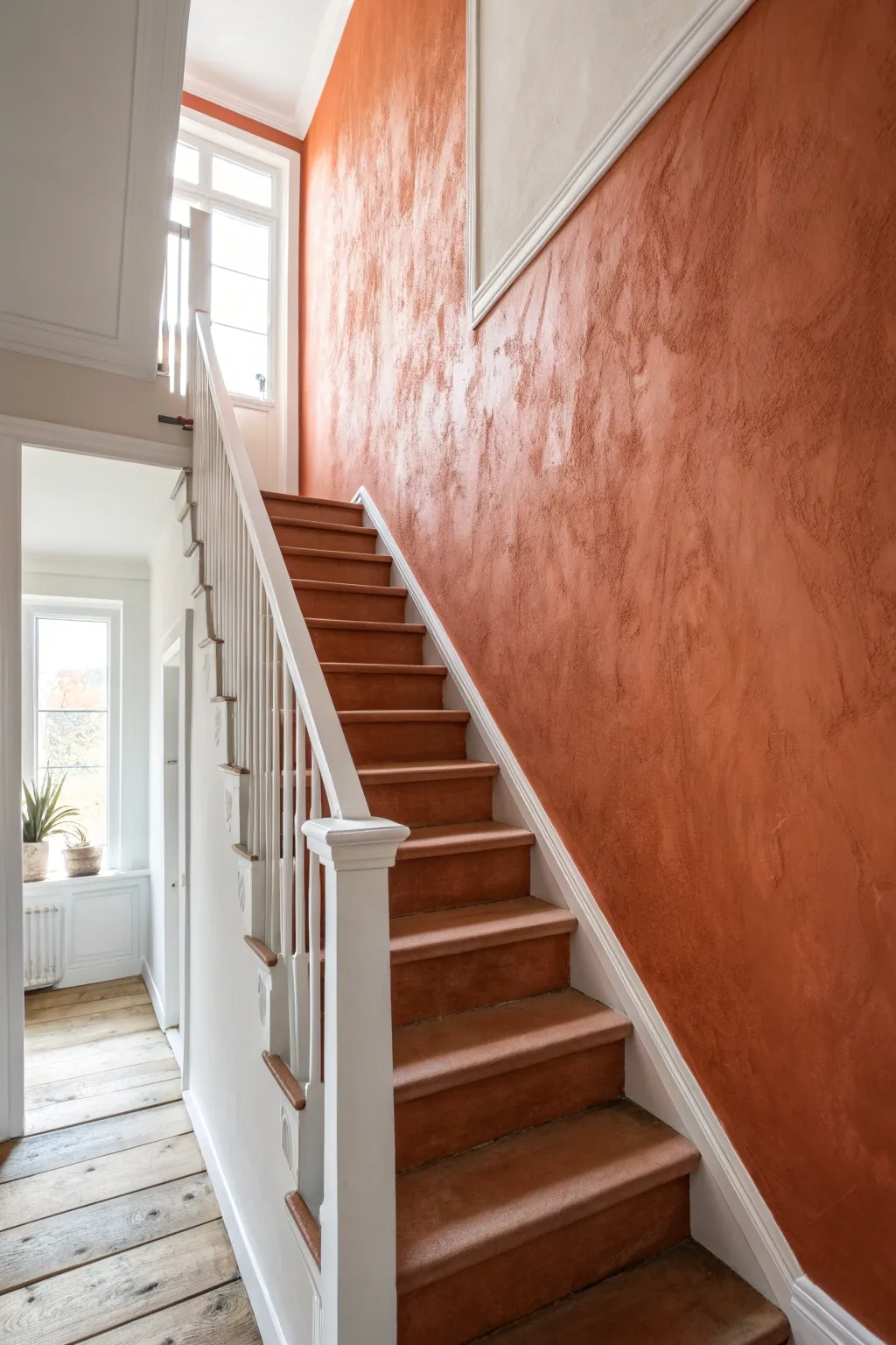 Bold terracotta accent wall climbing the stairs, framed by crisp white trim and simple art.
