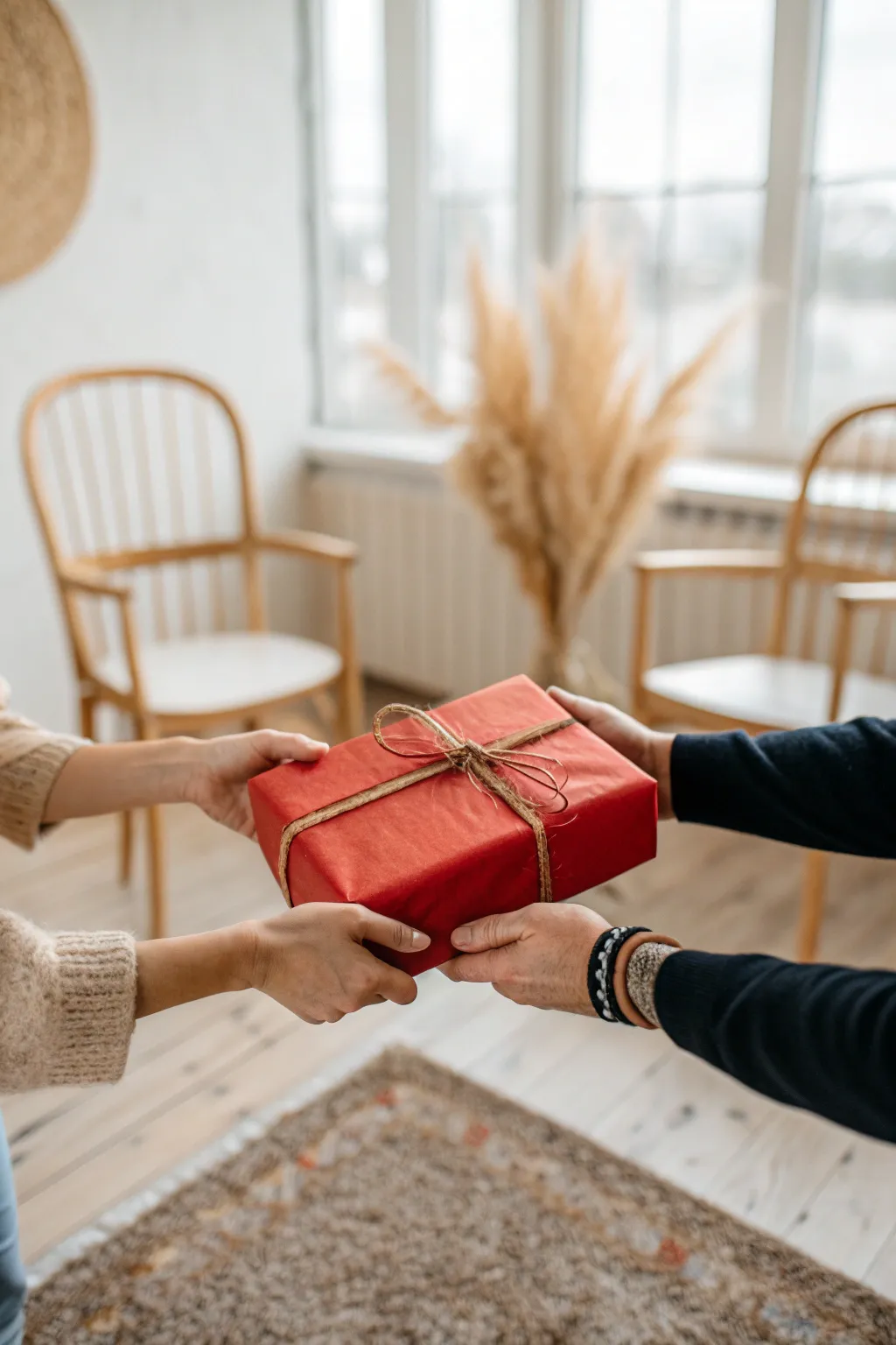 Hot potato prize pass moment: a bold wrapped gift mid-air between hands, playful and chic