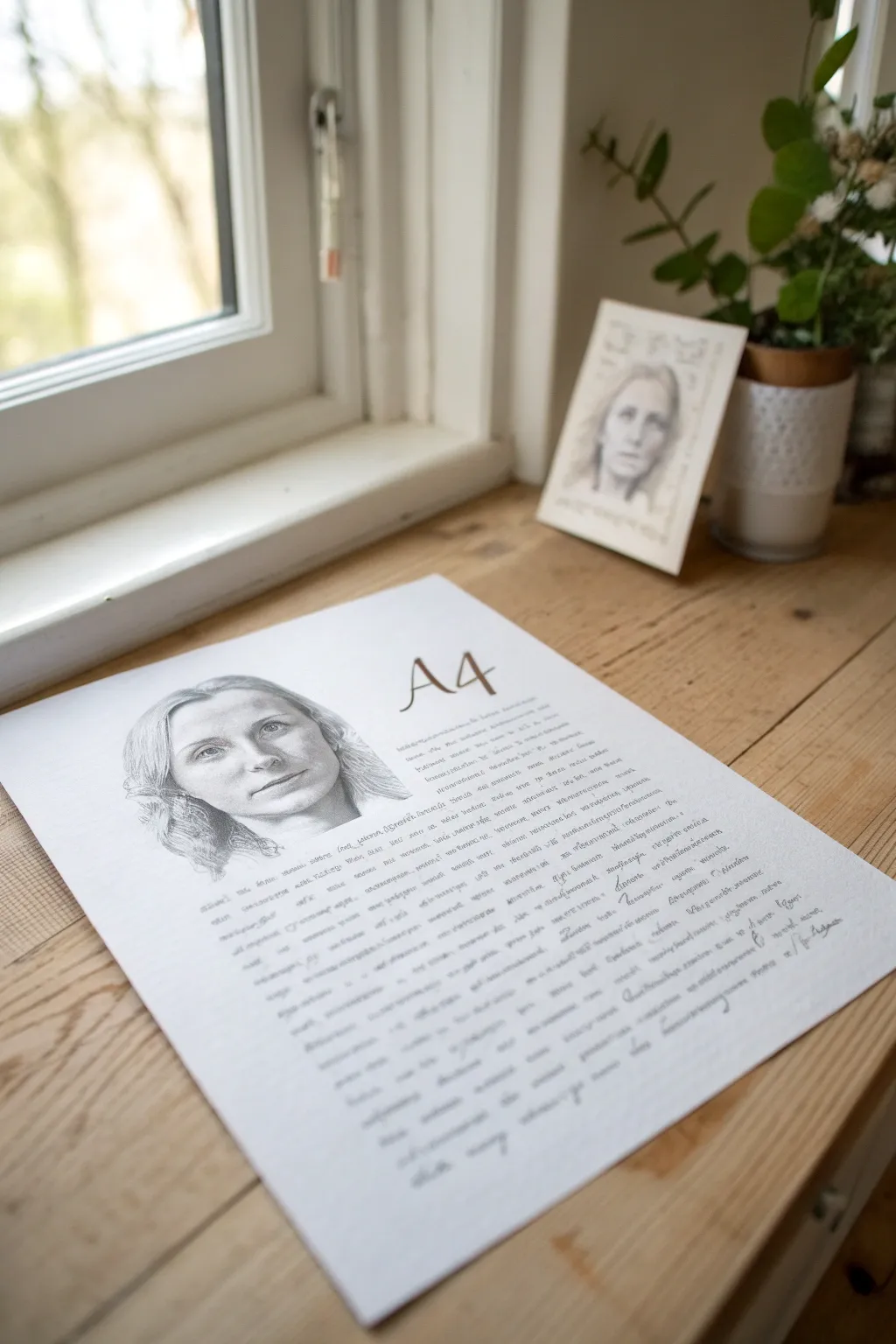 Identity portrait built from descriptive micro-text, black ink on textured paper, high contrast