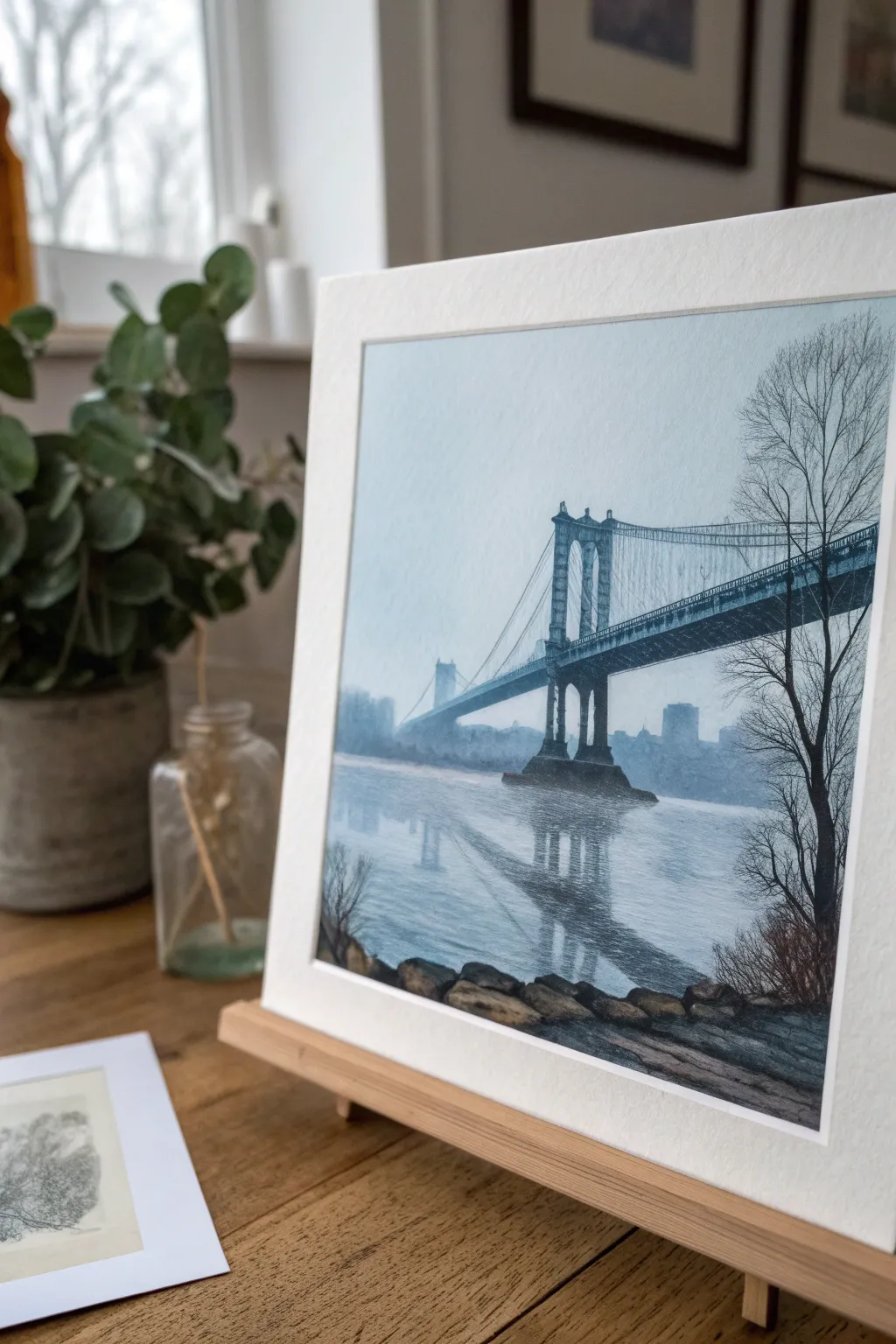 Quiet dawn bridge in mist, impressionist strokes in blue-gray for minimalist boho calm.