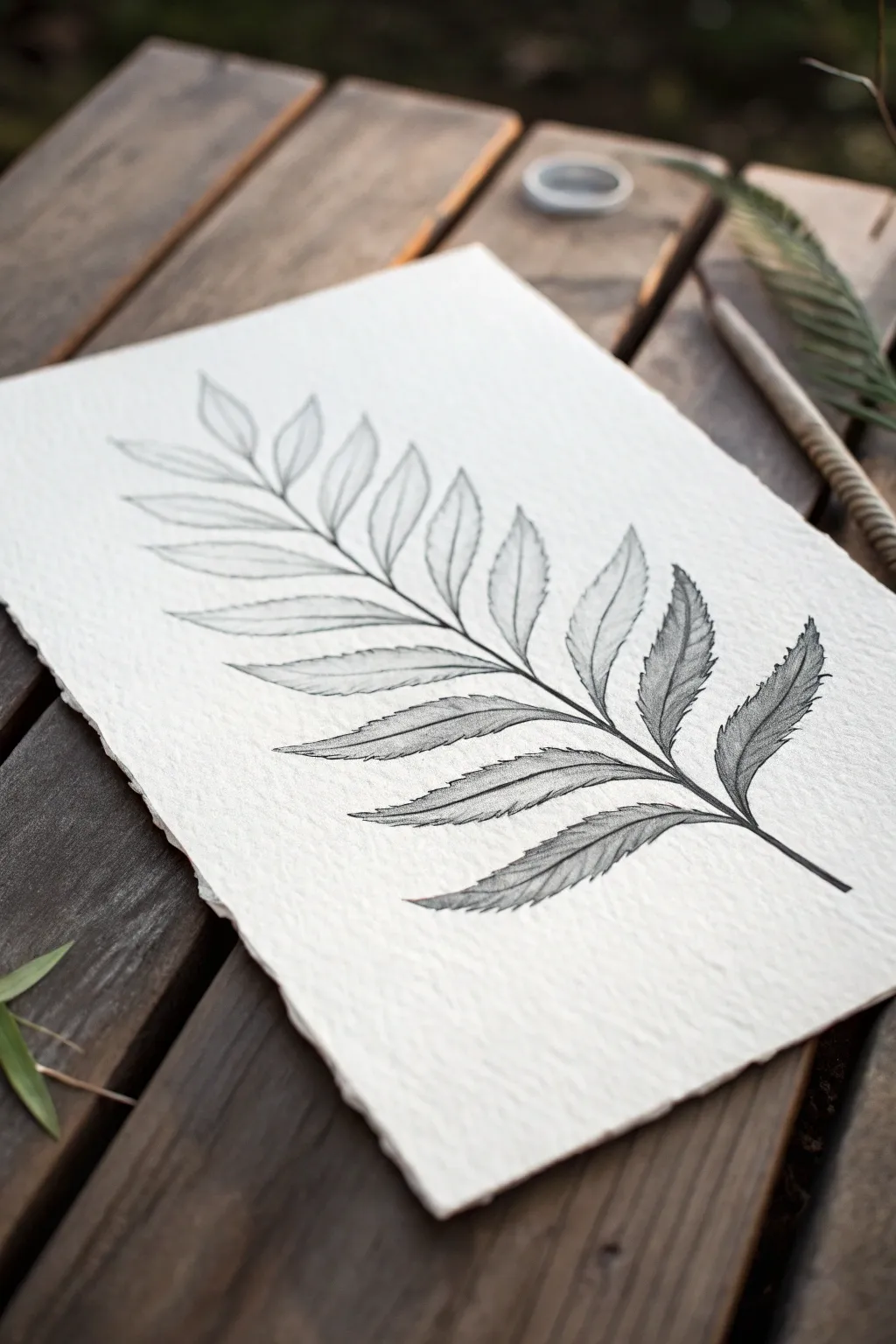 India ink line and wash botanical: crisp leaf lines with a gentle gray wash for depth
