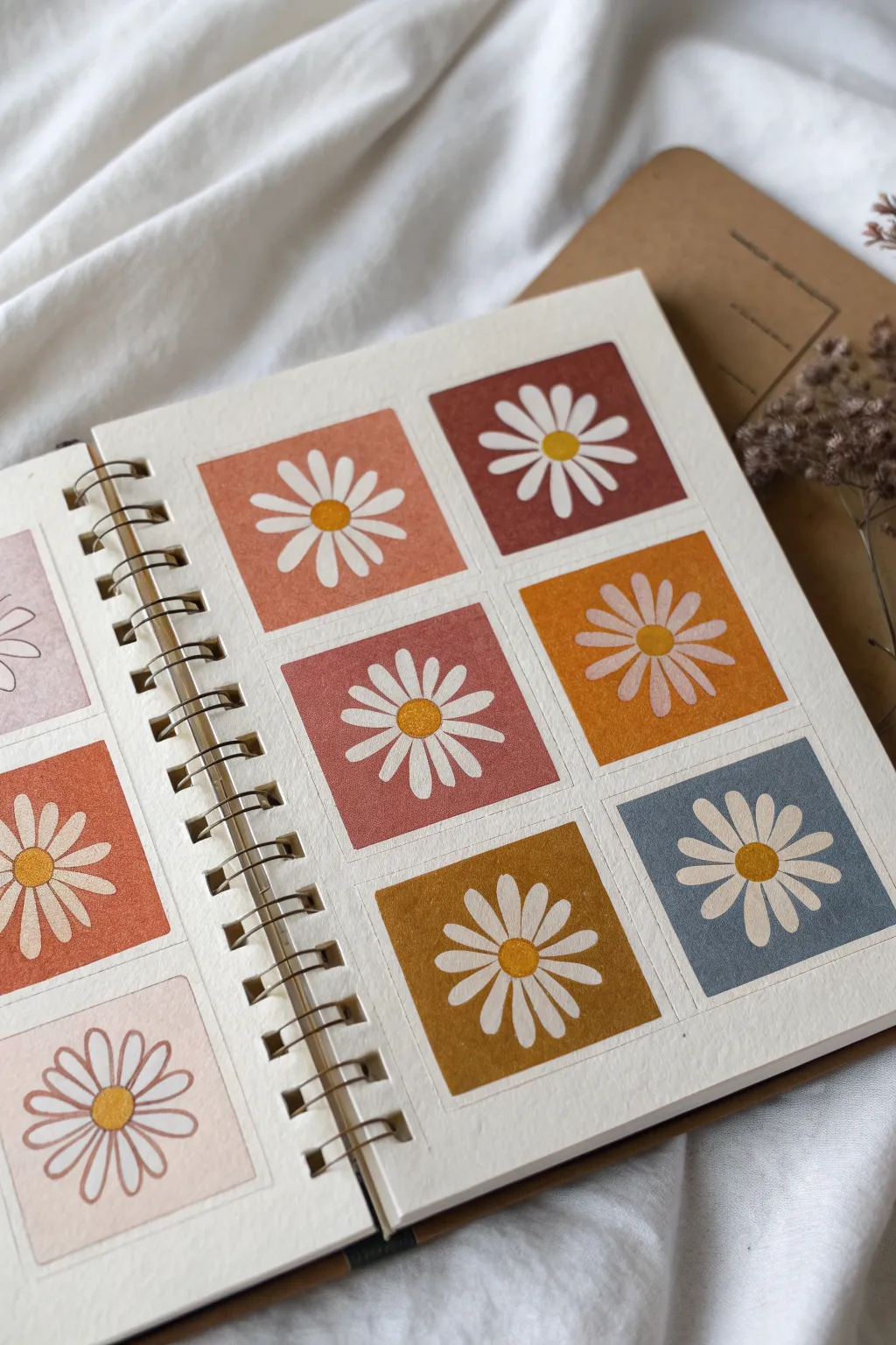 Easy indie daisy grid: 9 bold blooms in cozy color combos, perfect for minimalist sketchbooks.