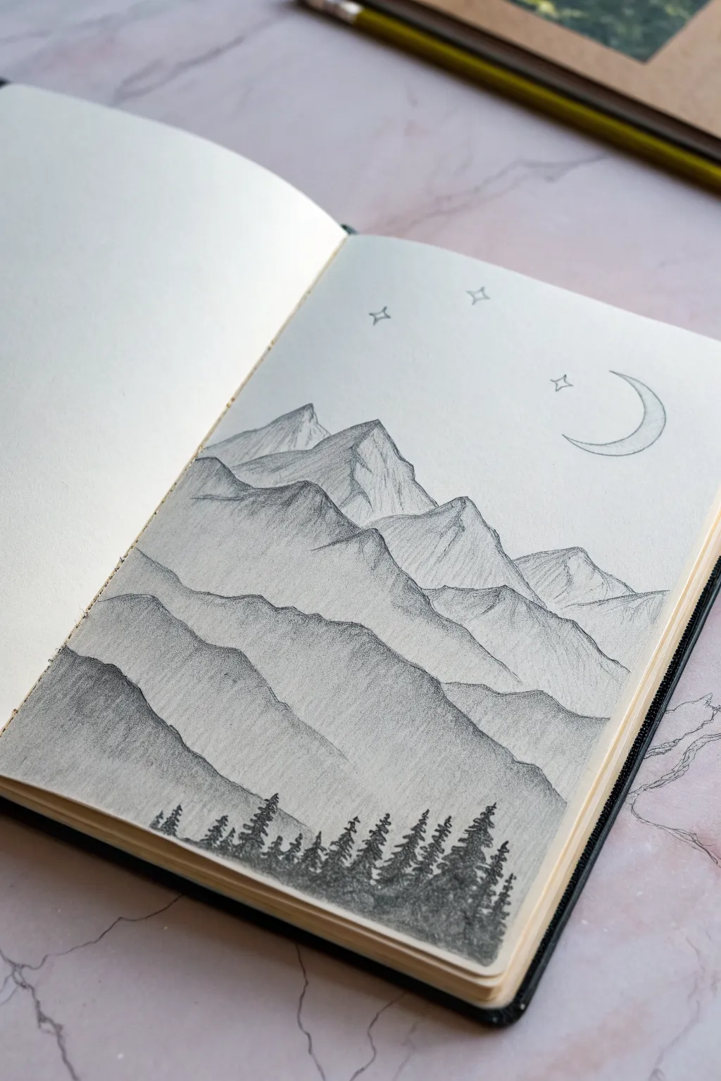 Layered graphite mountains with a tiny moon, a calm minimalist sketch idea full of depth.