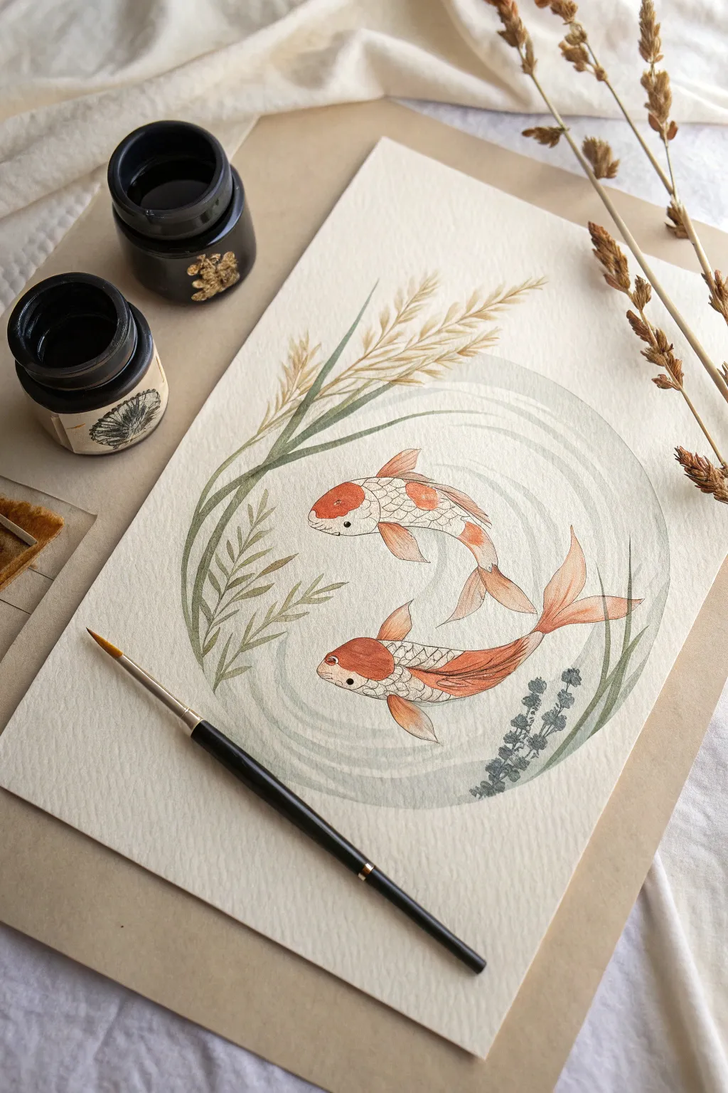 Minimalist koi fish sketch in a circular pond, calm ripples and handcrafted watercolor texture.